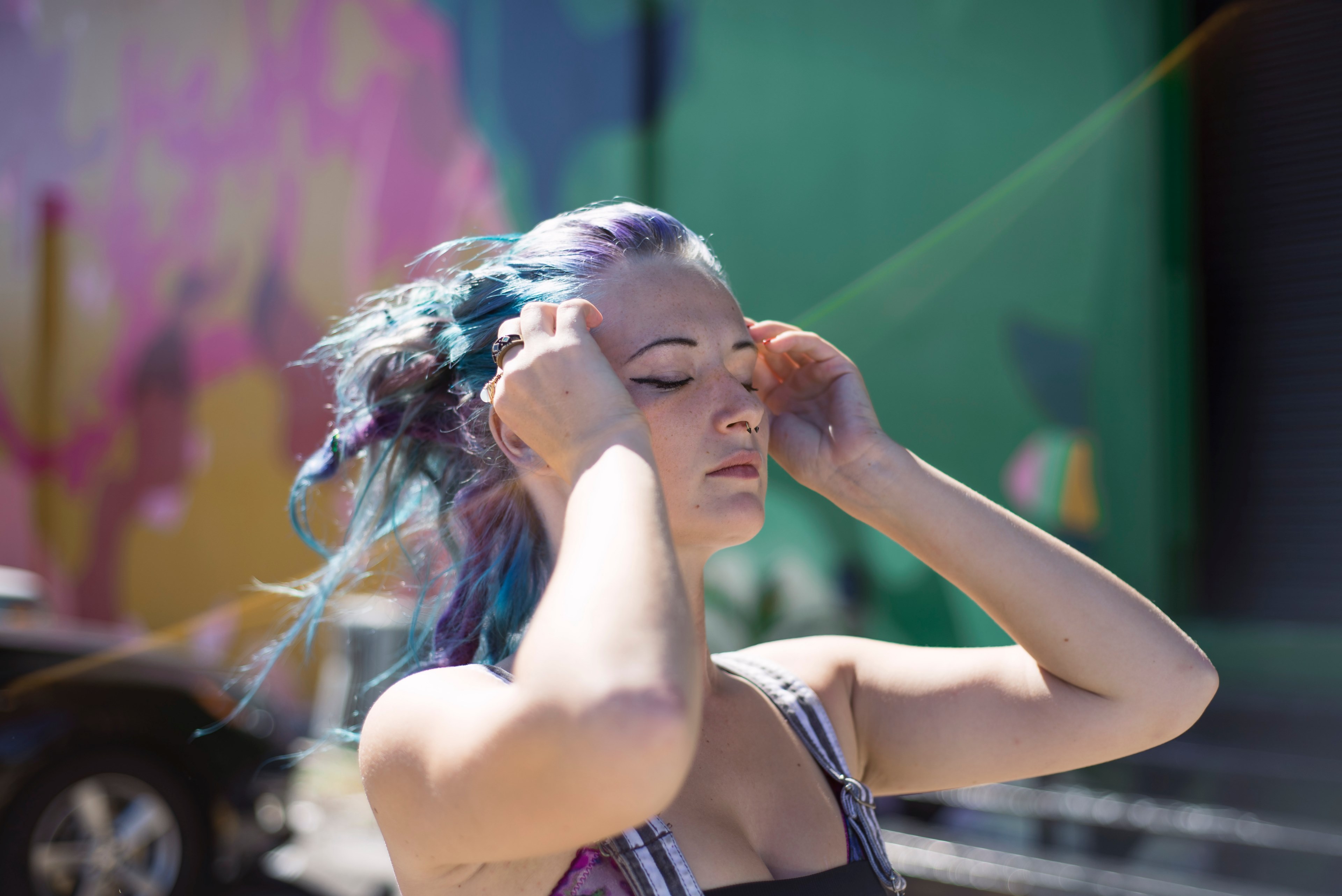 woman fixing her dyed hair with her eyes closed at west palm beach, ashley s_ 4k, HD Wallpaper