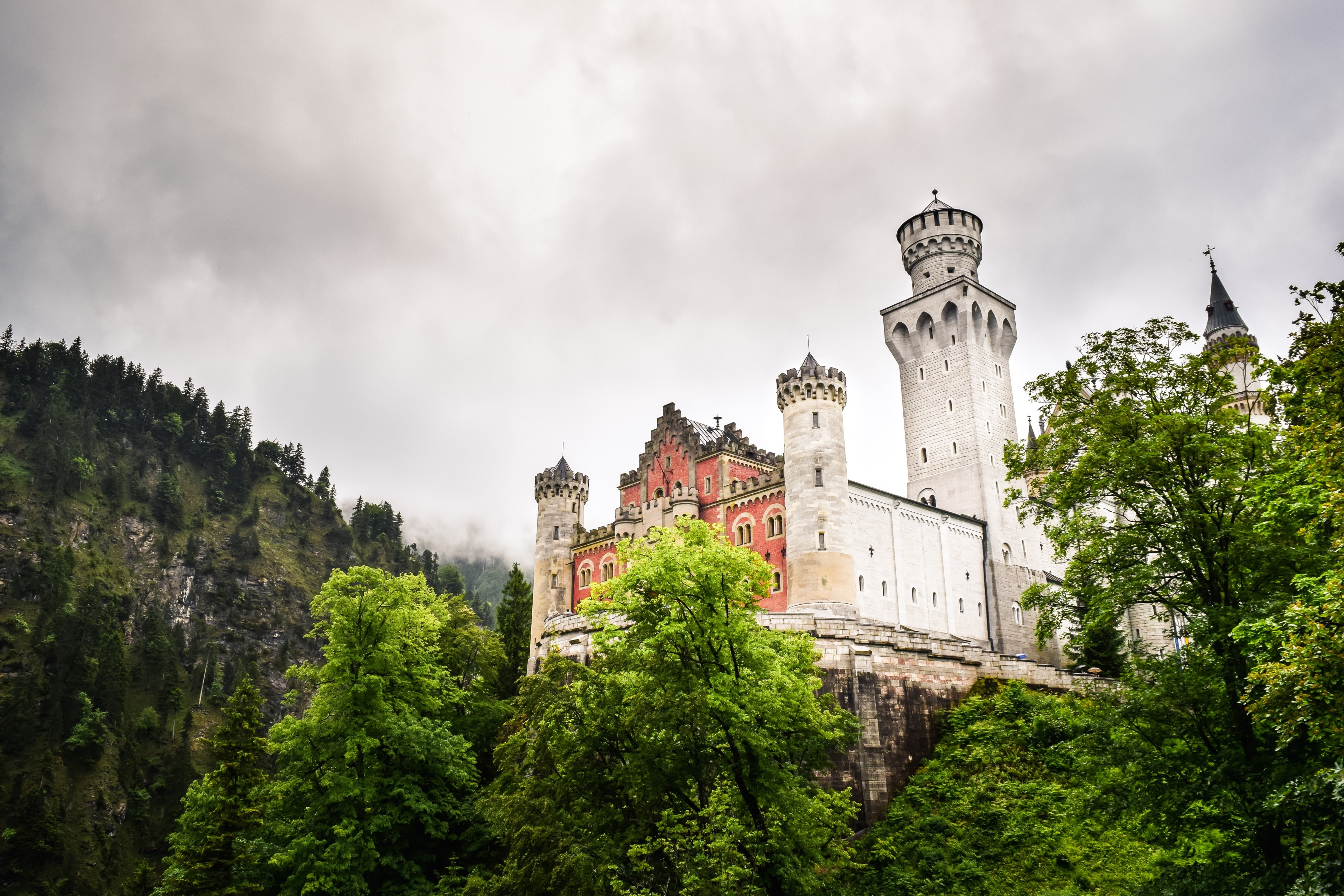 the fortifications of neuschwanstein castle rising up above green trees, neuschwanstein fortifications 4k, HD Wallpaper