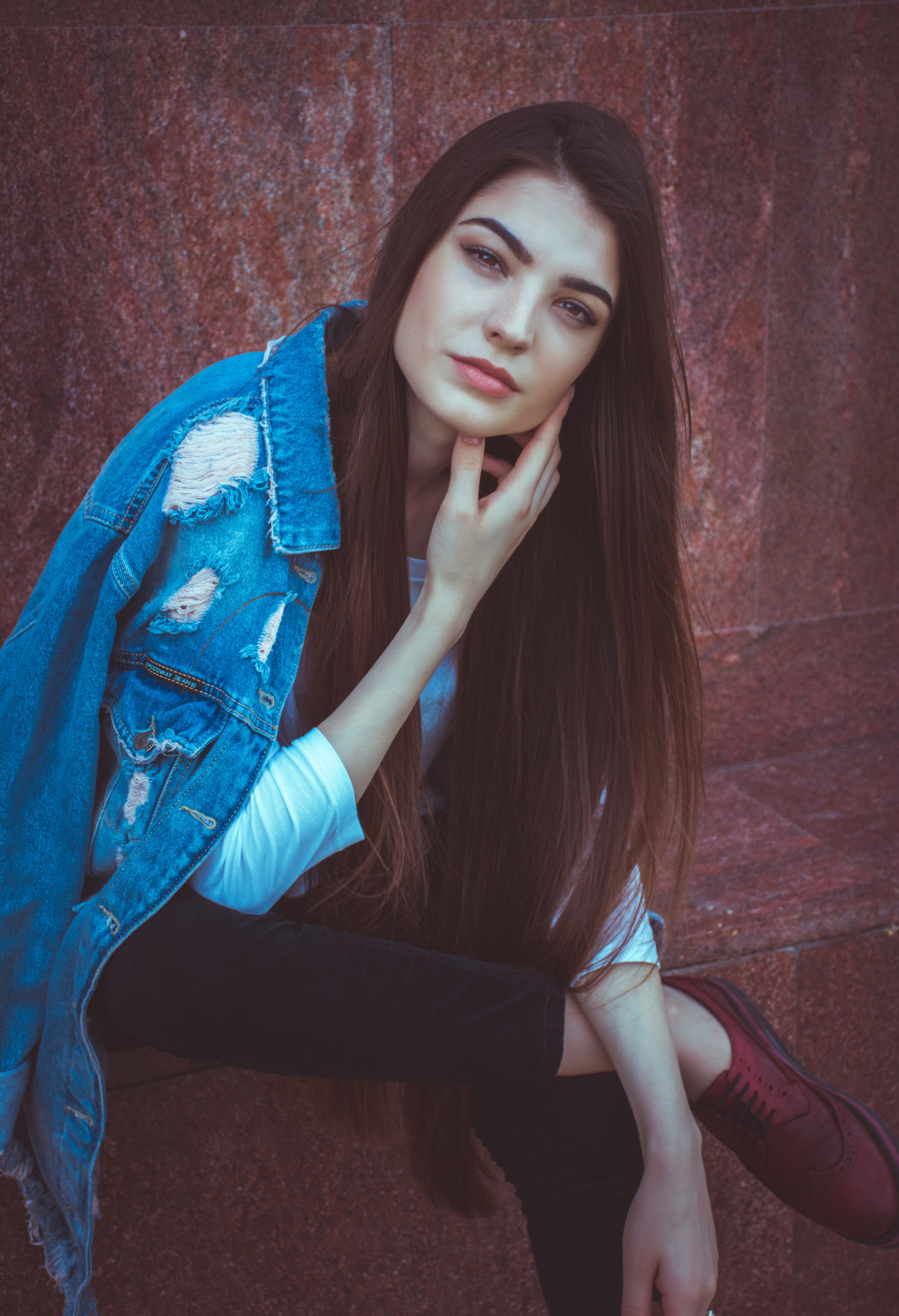 woman with long hair posing in a jean jacket near a wooden wall, magdalena 1 4k, Phone HD Wallpaper