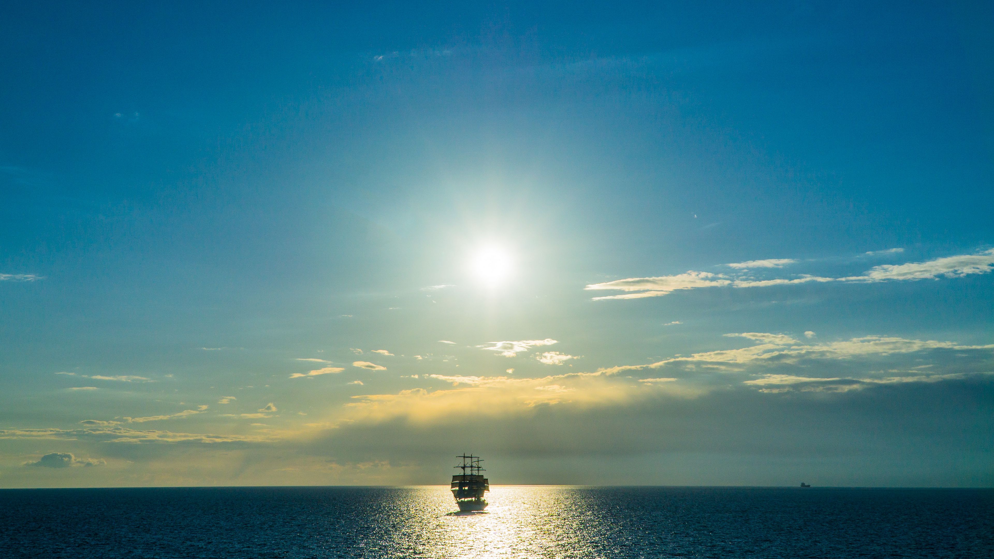 ship, sea, horizon, clouds, 4k, HD Wallpaper