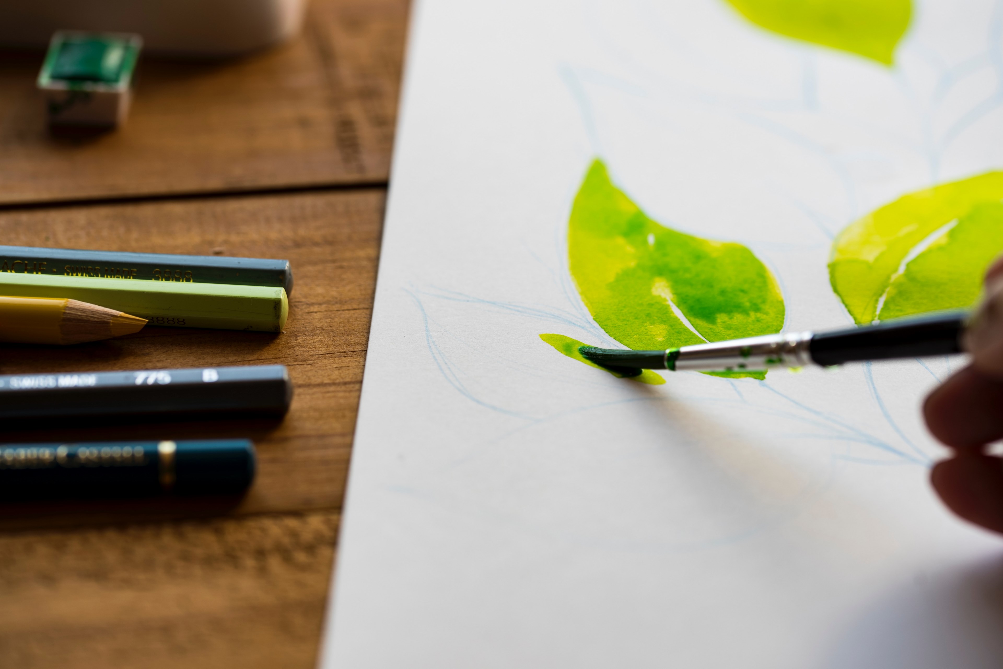 a person paints leaves on a piece of paper on a wooden desk, an artists touch 4k, HD Wallpaper