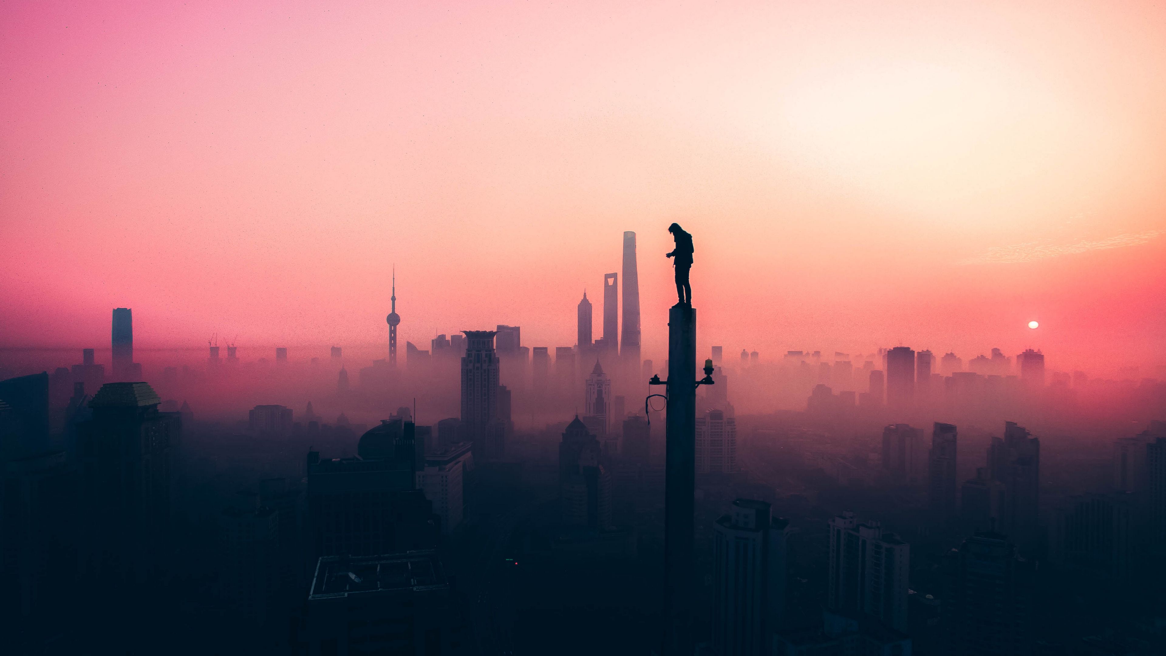silhouette, sky, fog, 4k, HD Wallpaper