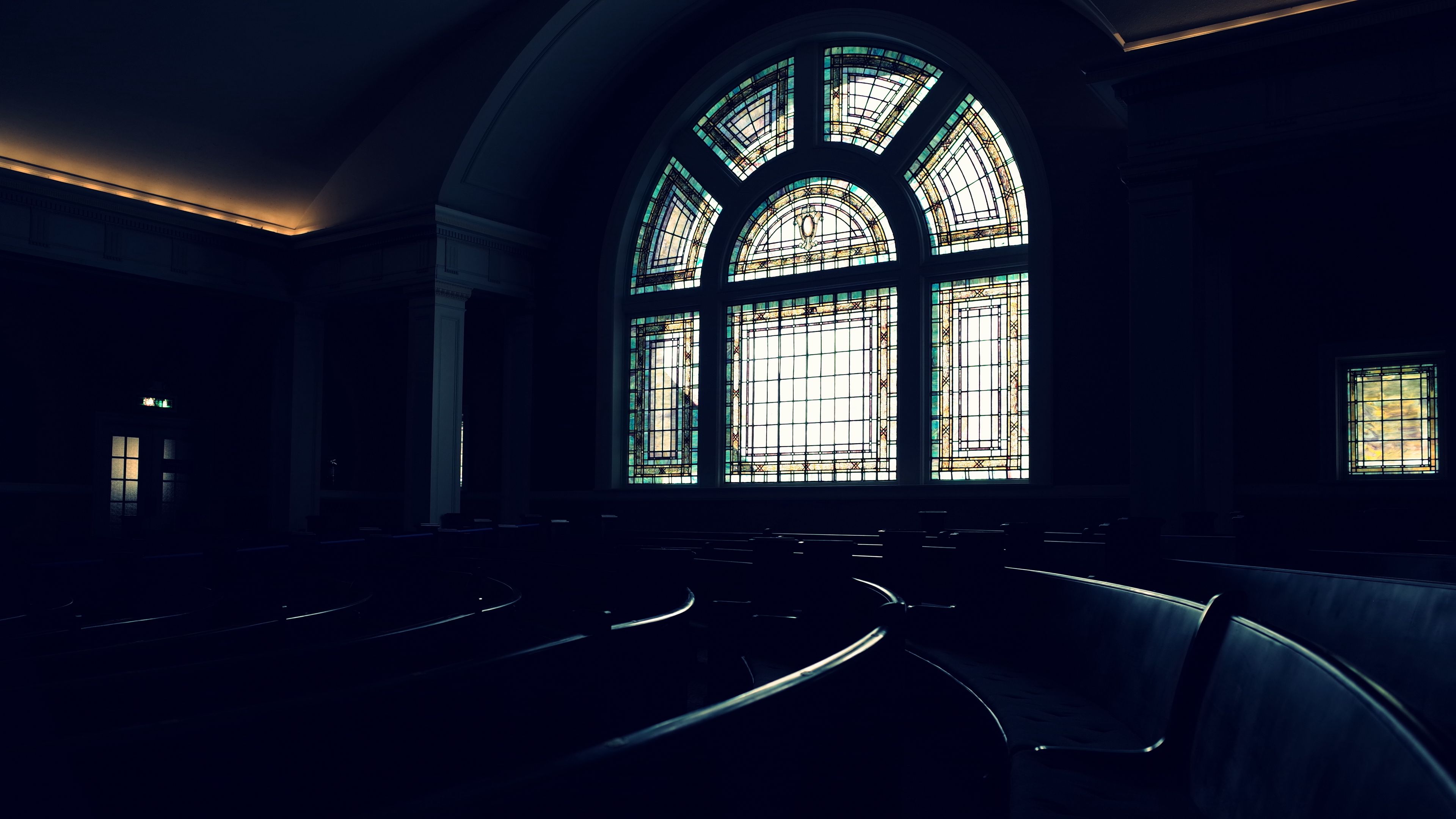 stained glass, window, bench, 4k, HD Wallpaper