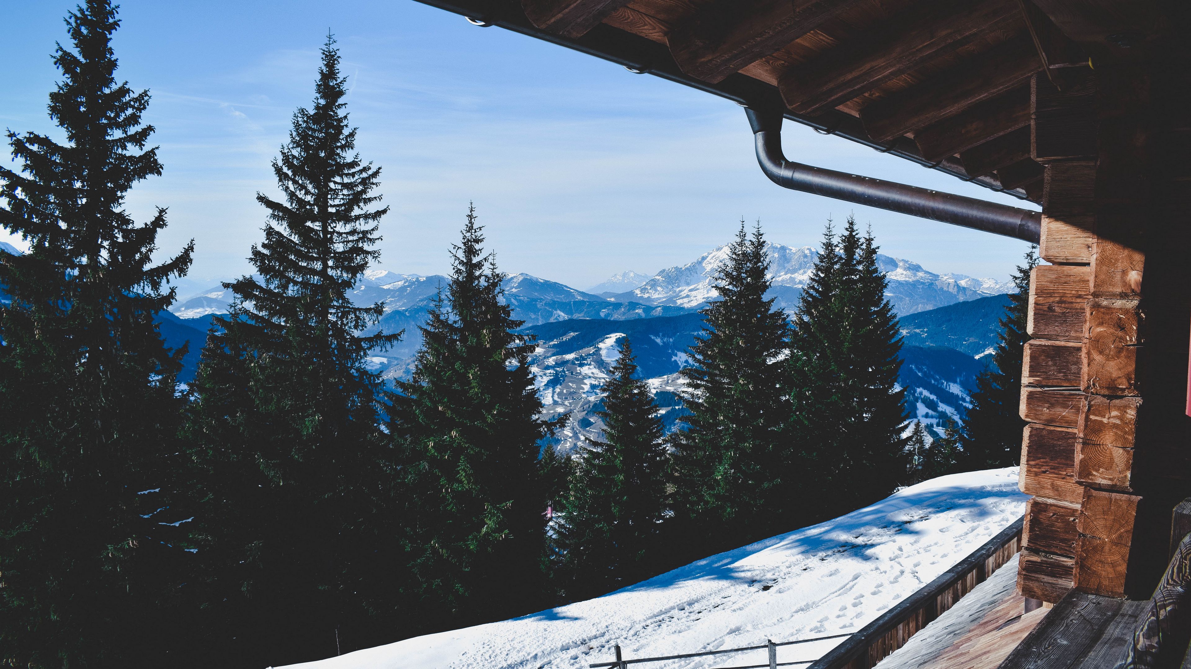 trees, winter, mountains, window, 4k, HD Wallpaper