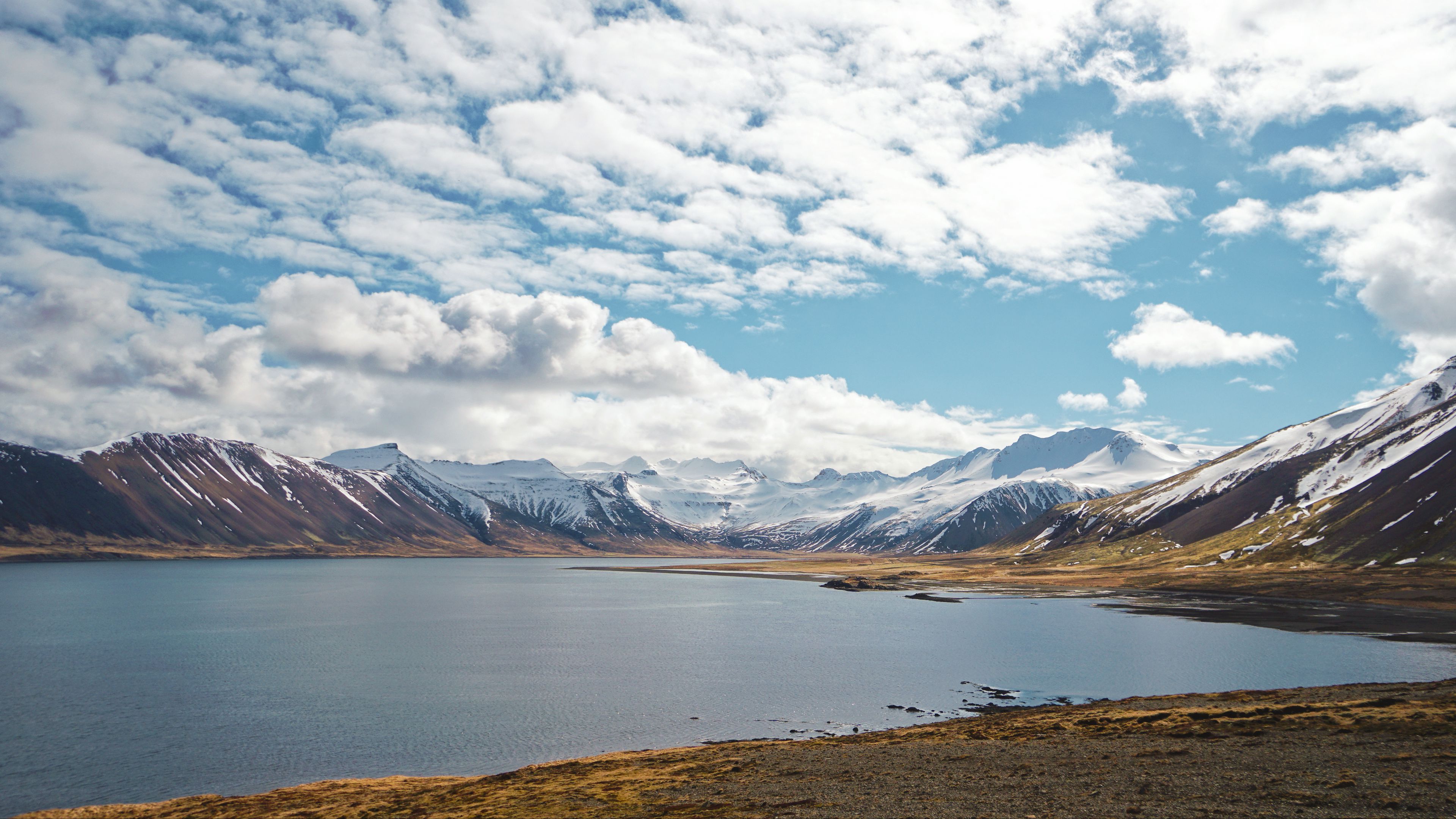 mountains, lake, snowy, 4k, HD Wallpaper