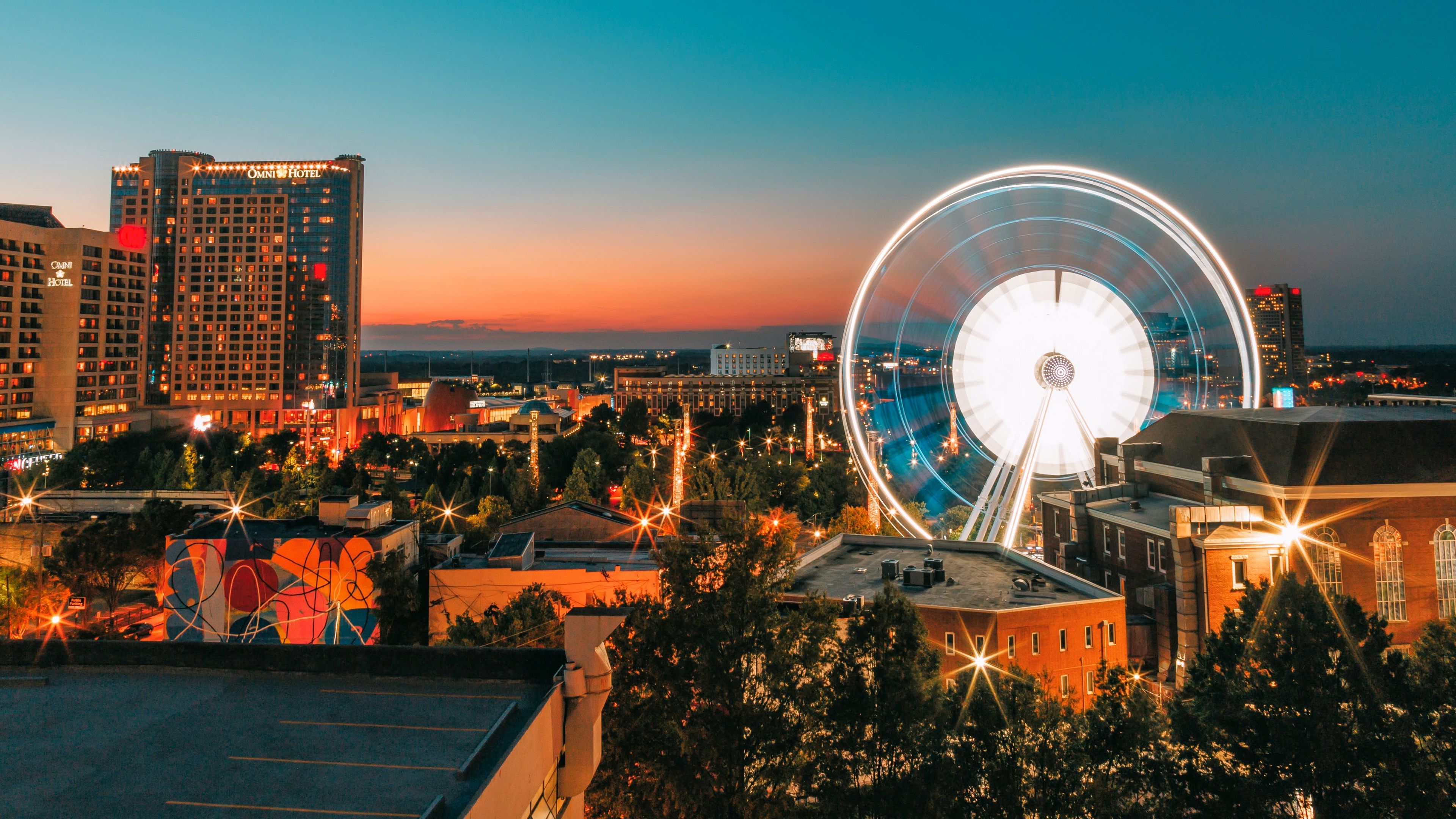 ferris wheel, night, city, buildings, 4k, HD Wallpaper