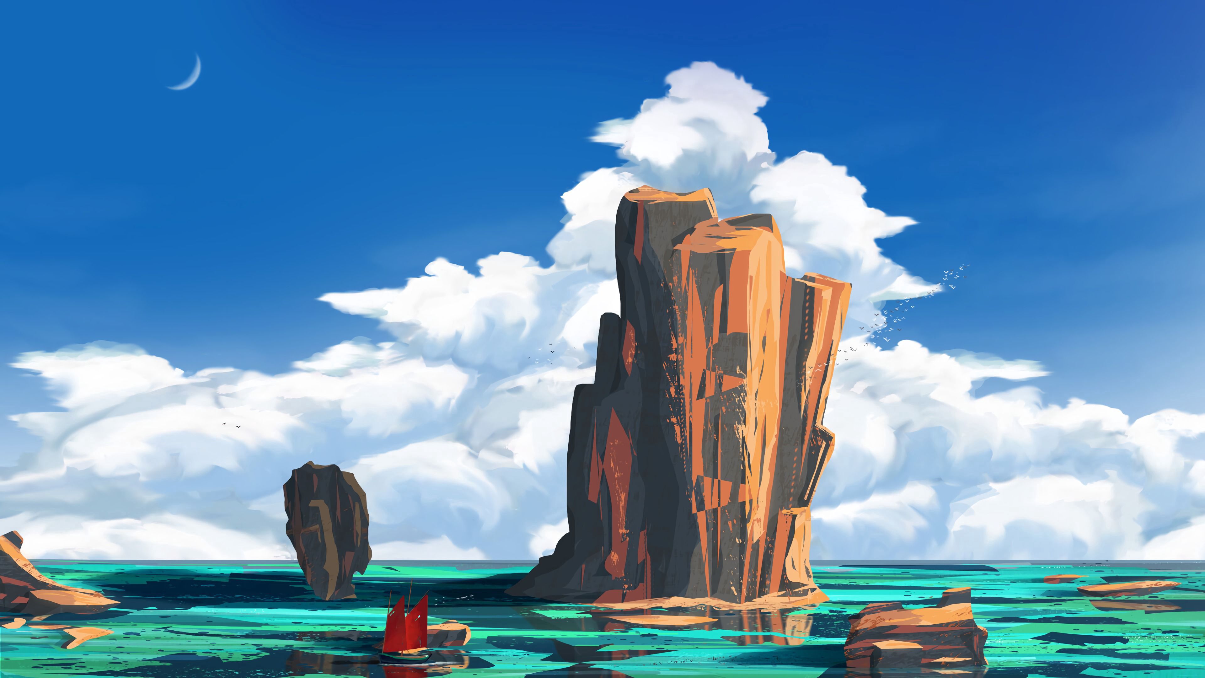 ship, rocks, art, 4k, HD Wallpaper