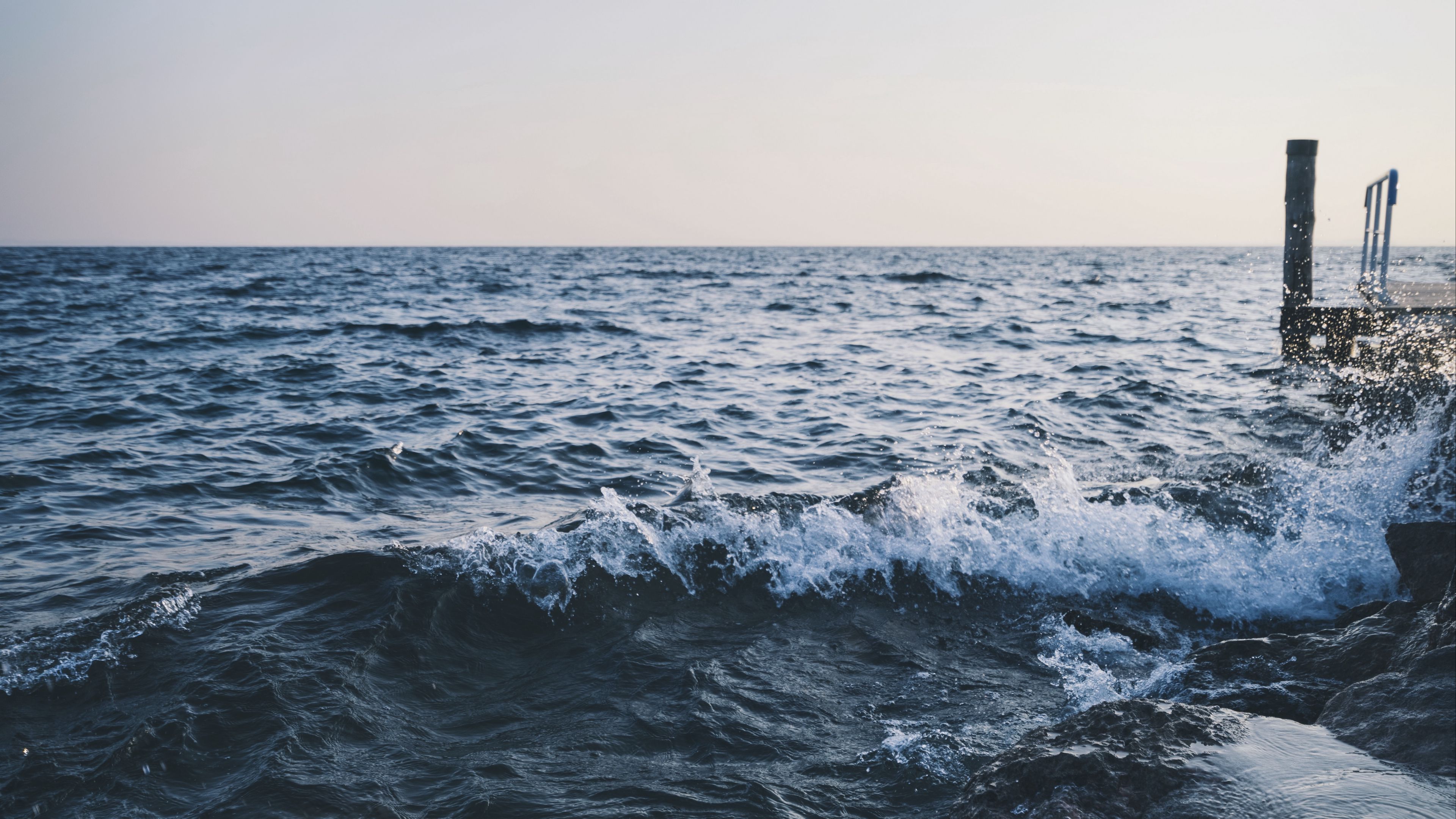 sea, pier, spray, 4k, HD Wallpaper
