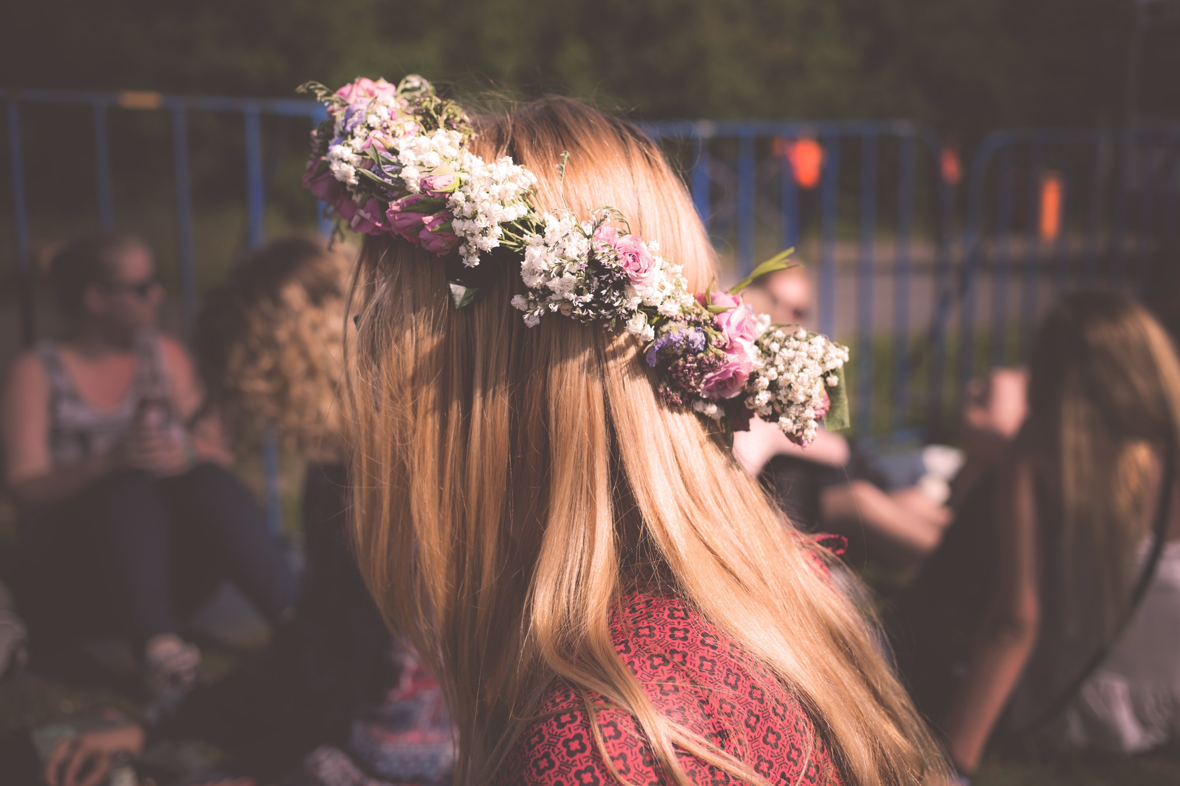 a blonde woman in a headband made of tiny multi colored flowers, blonde woman in a floral headband 4k, HD Wallpaper