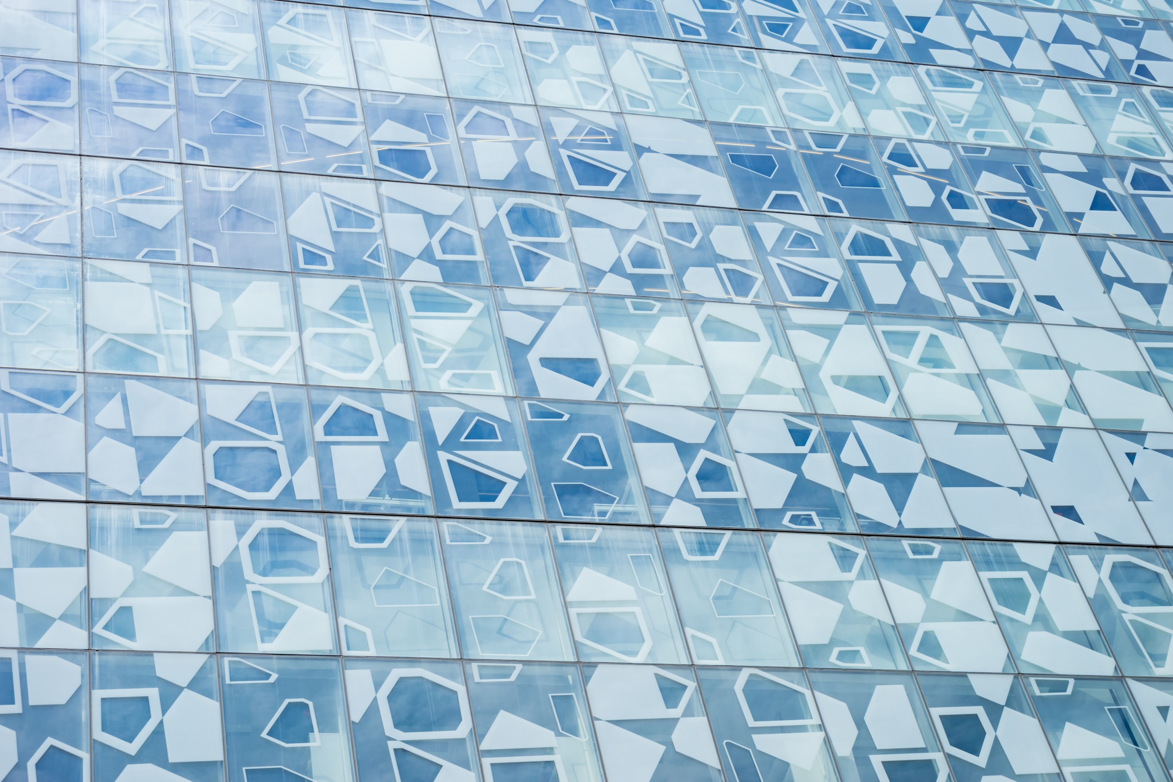 a blue facade with geometric shapes painted on the windows, looking closer 4k, HD Wallpaper