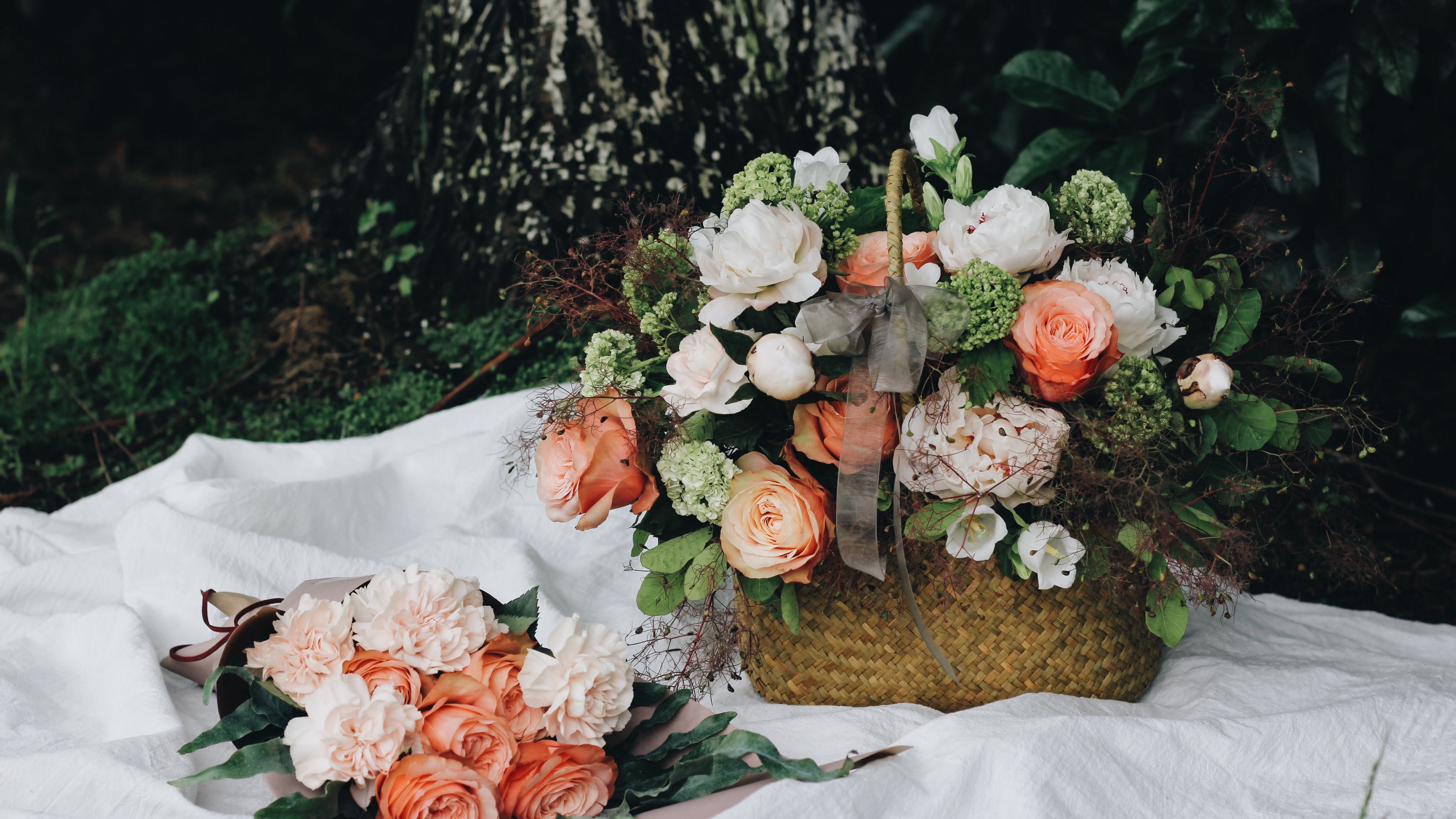 basket, flowers, composition, 4k, HD Wallpaper