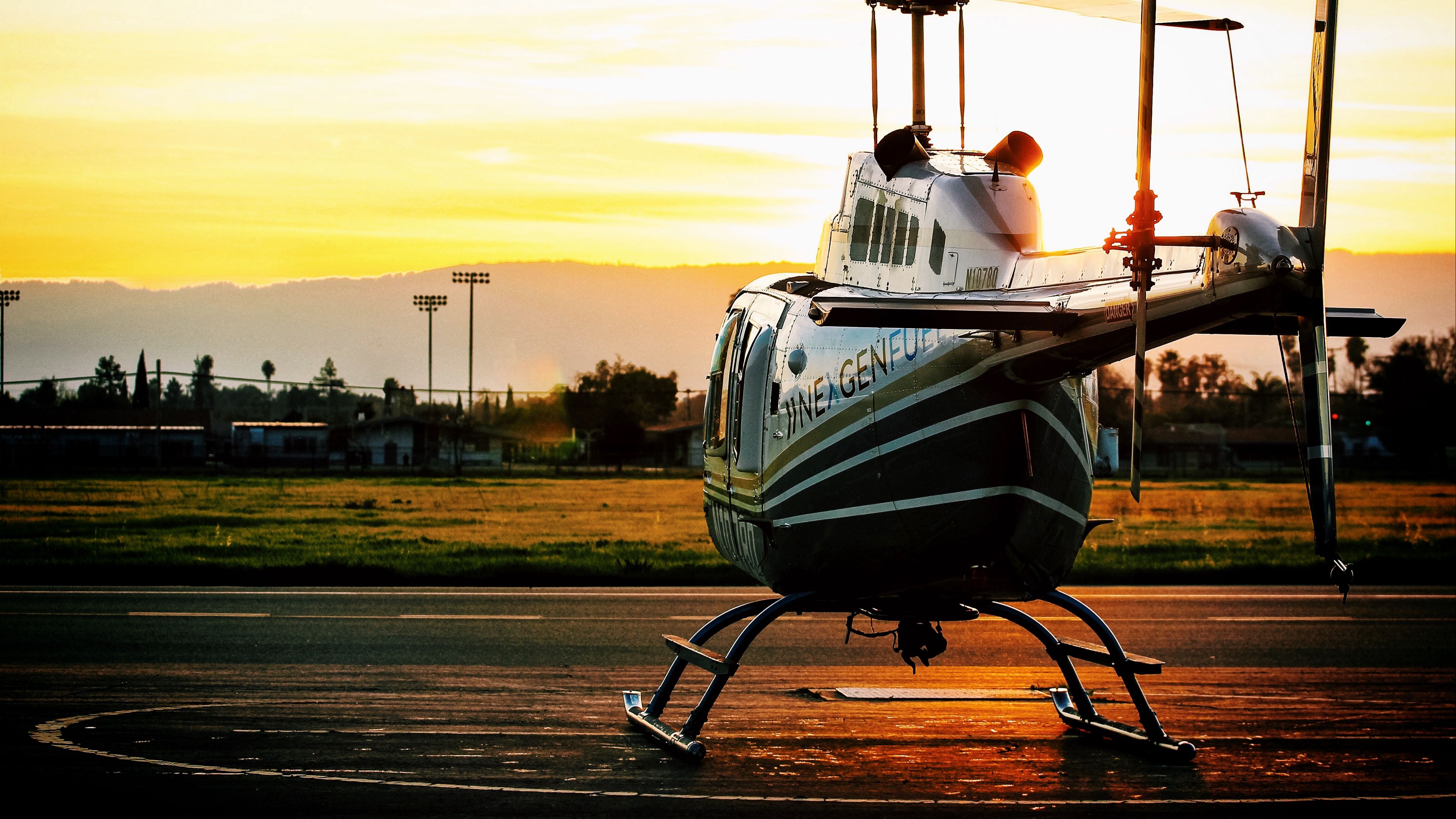 helicopter, sunset, airfield, 4k, HD Wallpaper