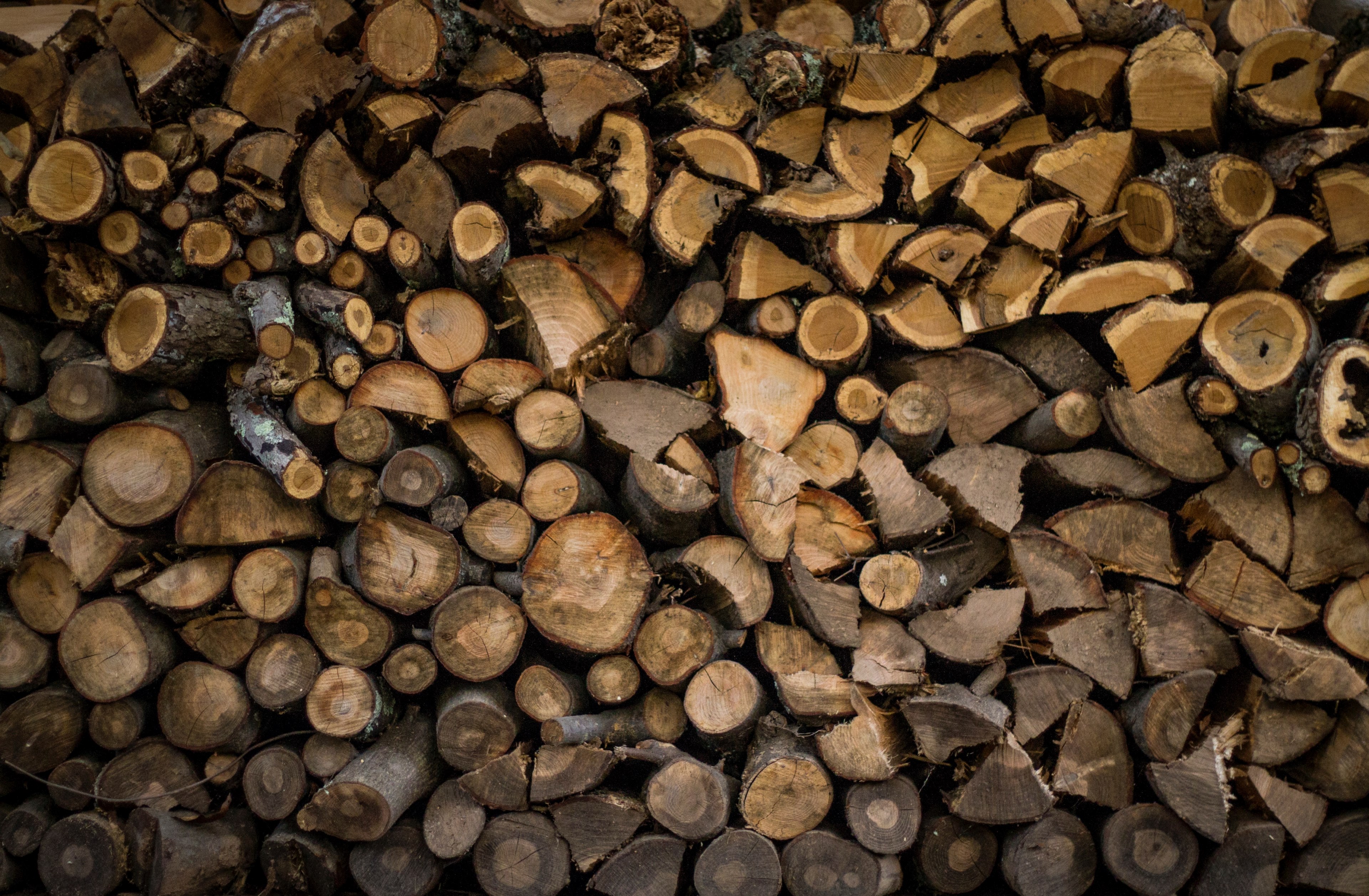 a pile of dark brown firewood in various shapes and sizes, dark brown firewood texture 4k, HD Wallpaper