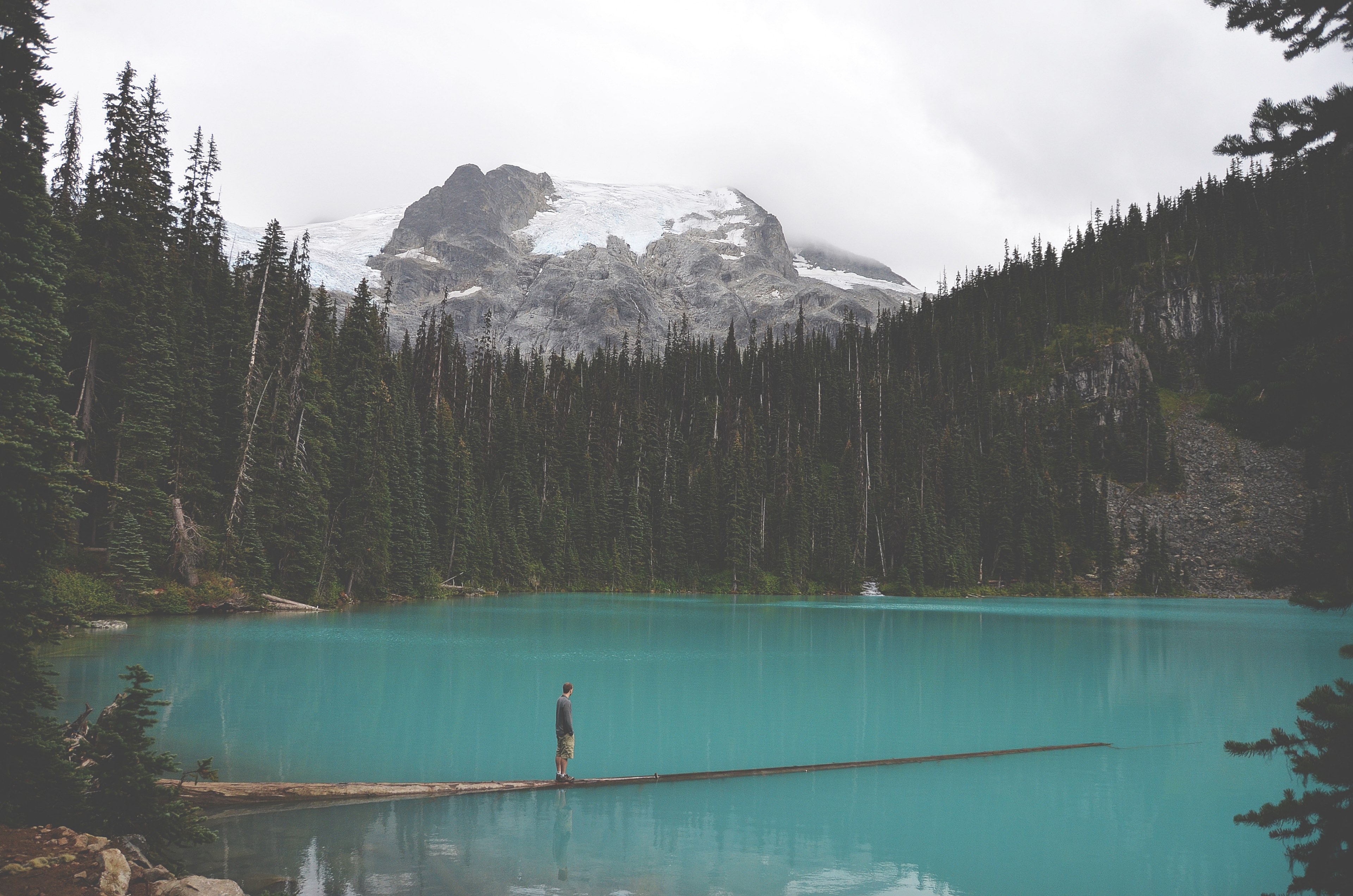 a man at a lake surrounded by trees and big rock covered in snow, walking on water in the woods 4k, HD Wallpaper
