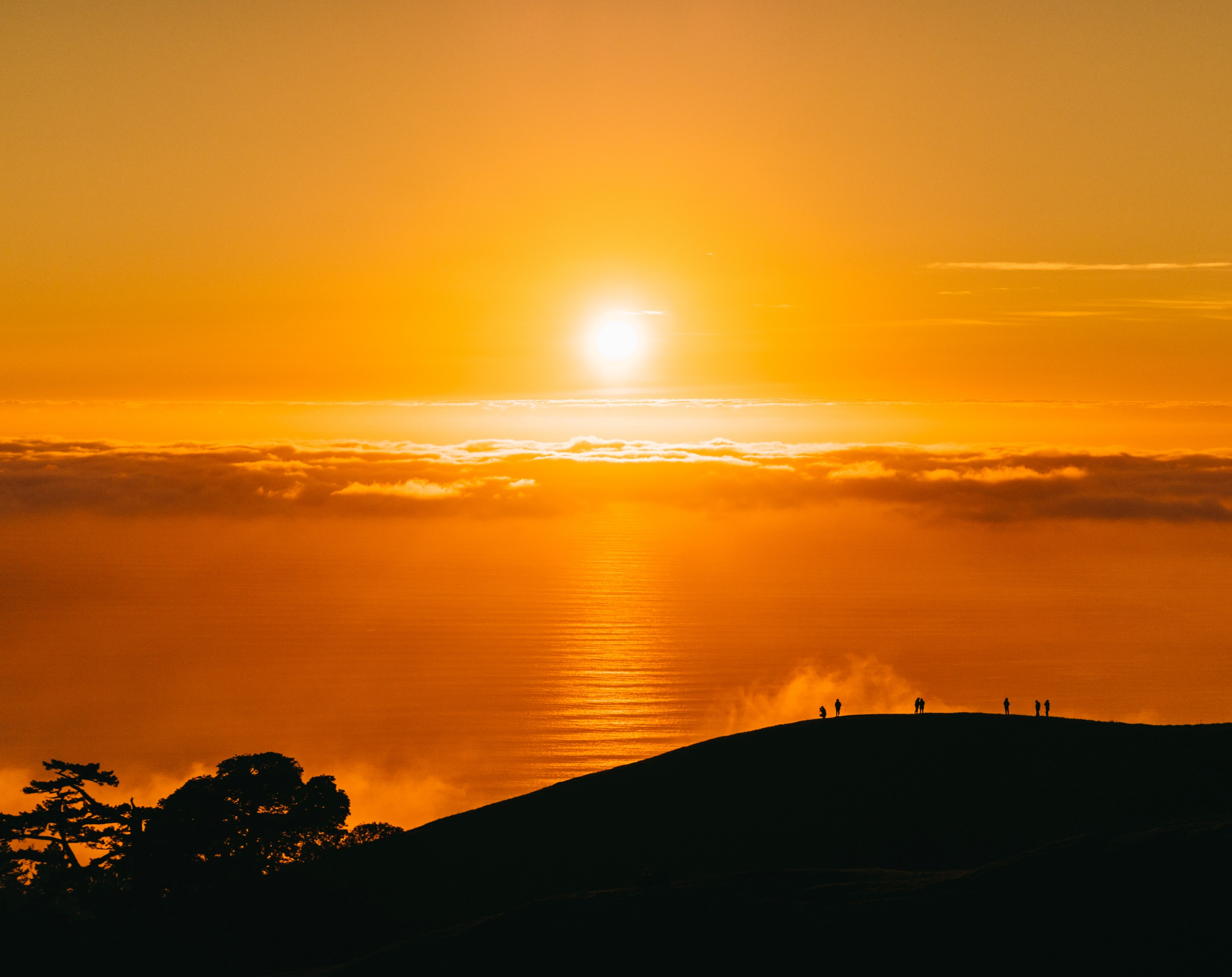 an orange sky during sunrise while there is also the silhouette of a tree in front, orange sunrise and mountain silhouette 4k, HD Wallpaper
