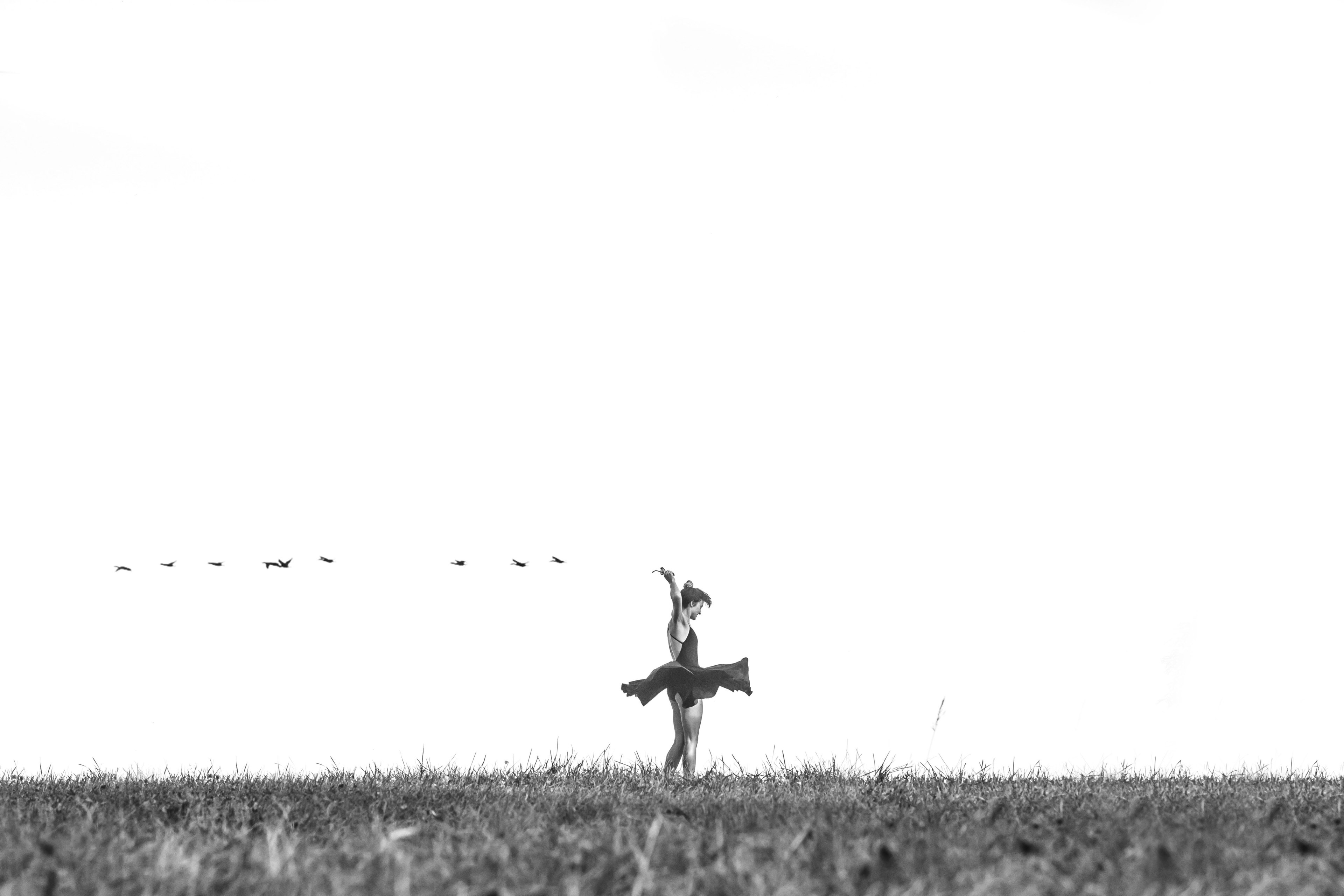 black and white shot of girl dancing on grass in distance with birds toronto islands, dancer toronto islands 4k, HD Wallpaper