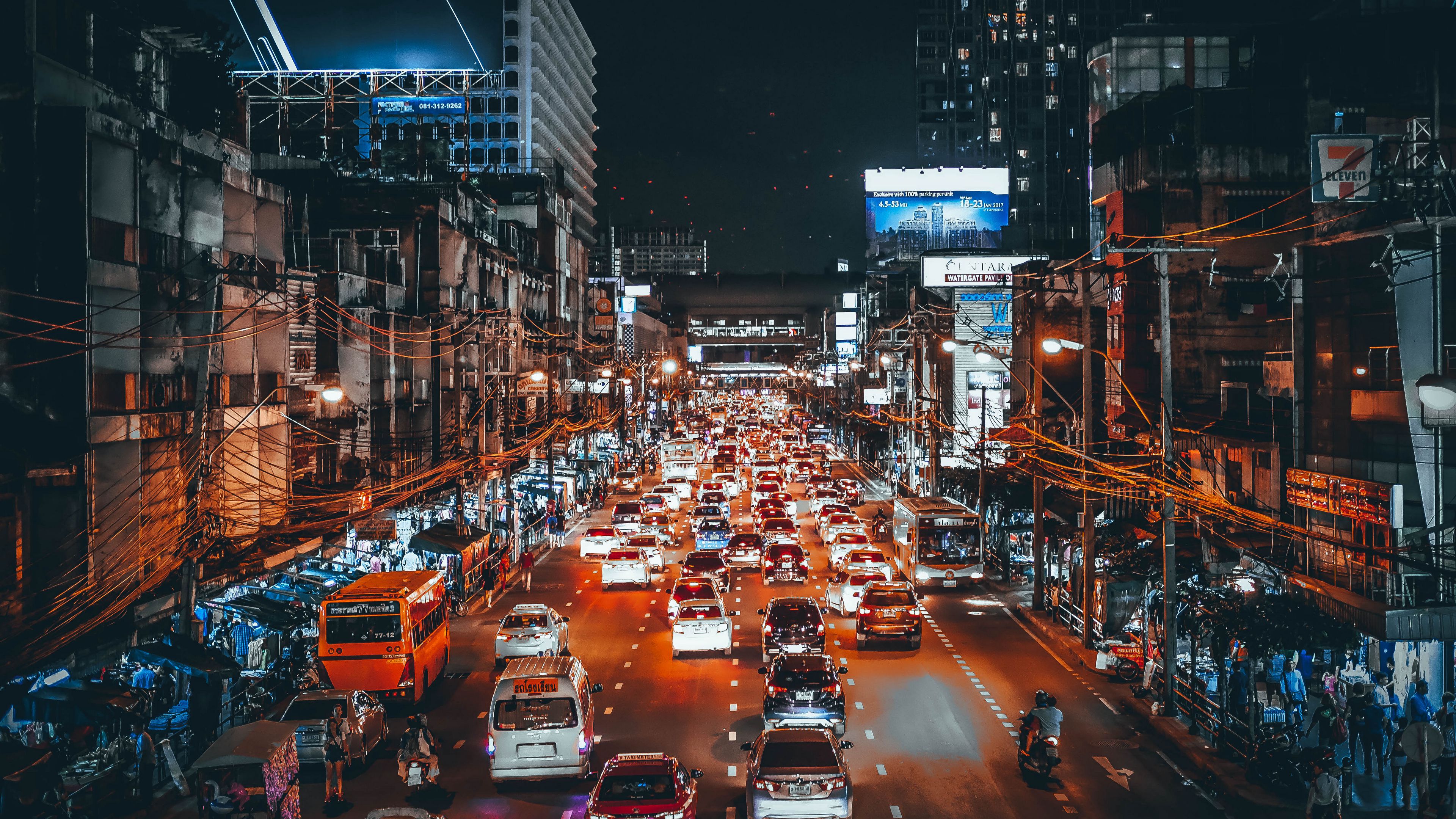 traffic, cars, street, night, 4k, HD Wallpaper