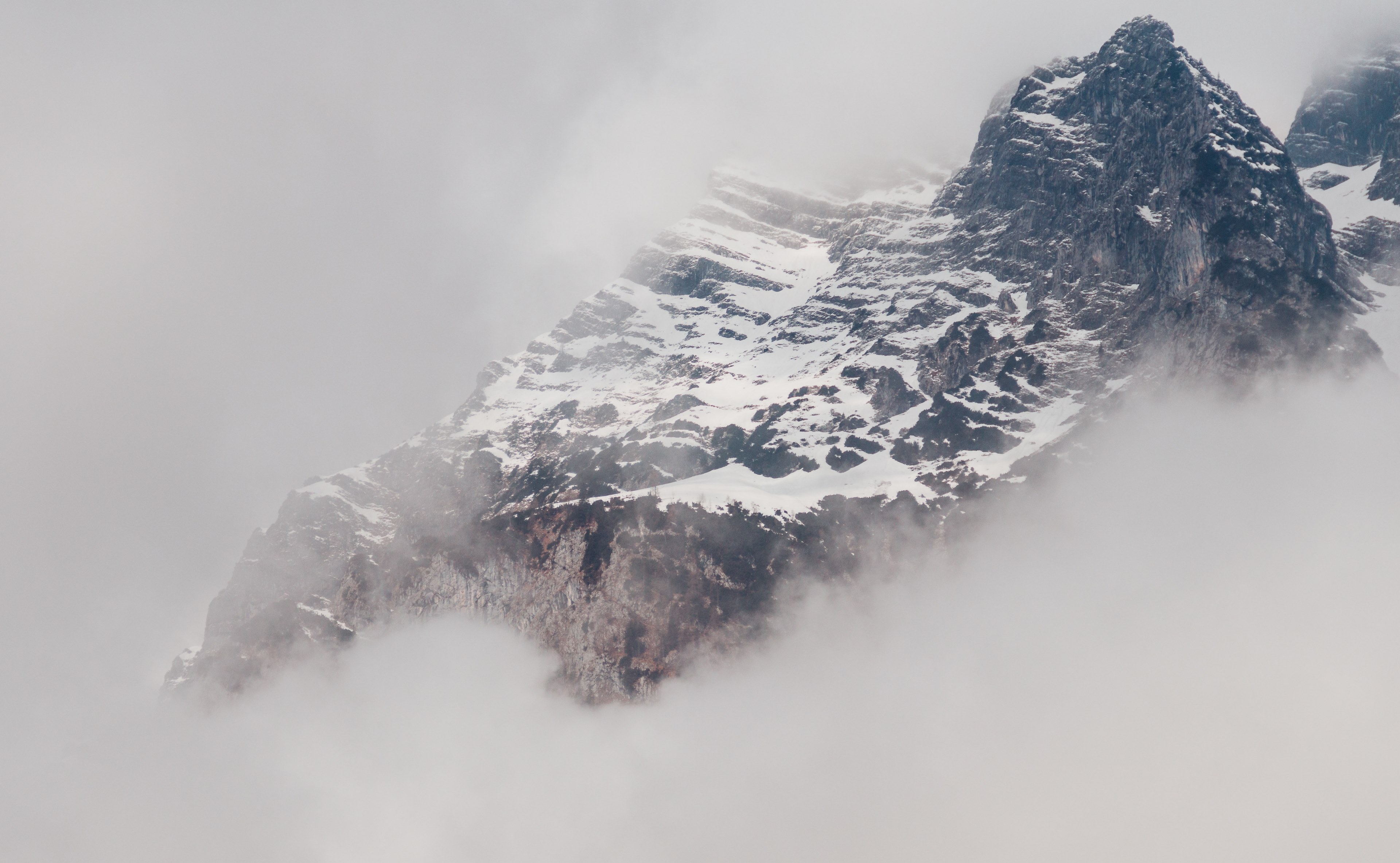 a snowy mountain partially obscured by a thick mist, a king in a bed of clouds 4k, HD Wallpaper