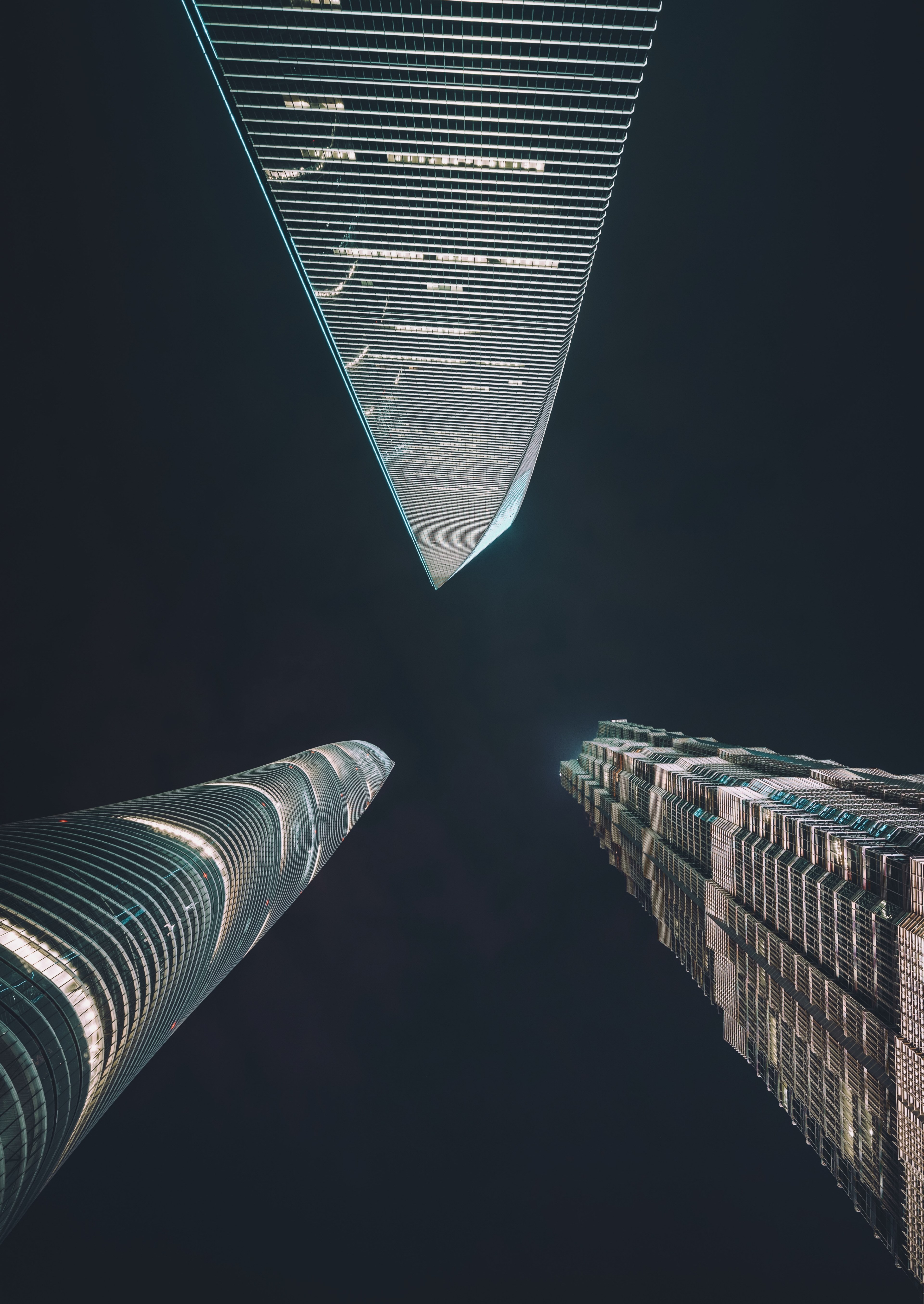 a low angle shot of three impressive skyscrapers in shanghai, trinity 4k, Phone HD Wallpaper