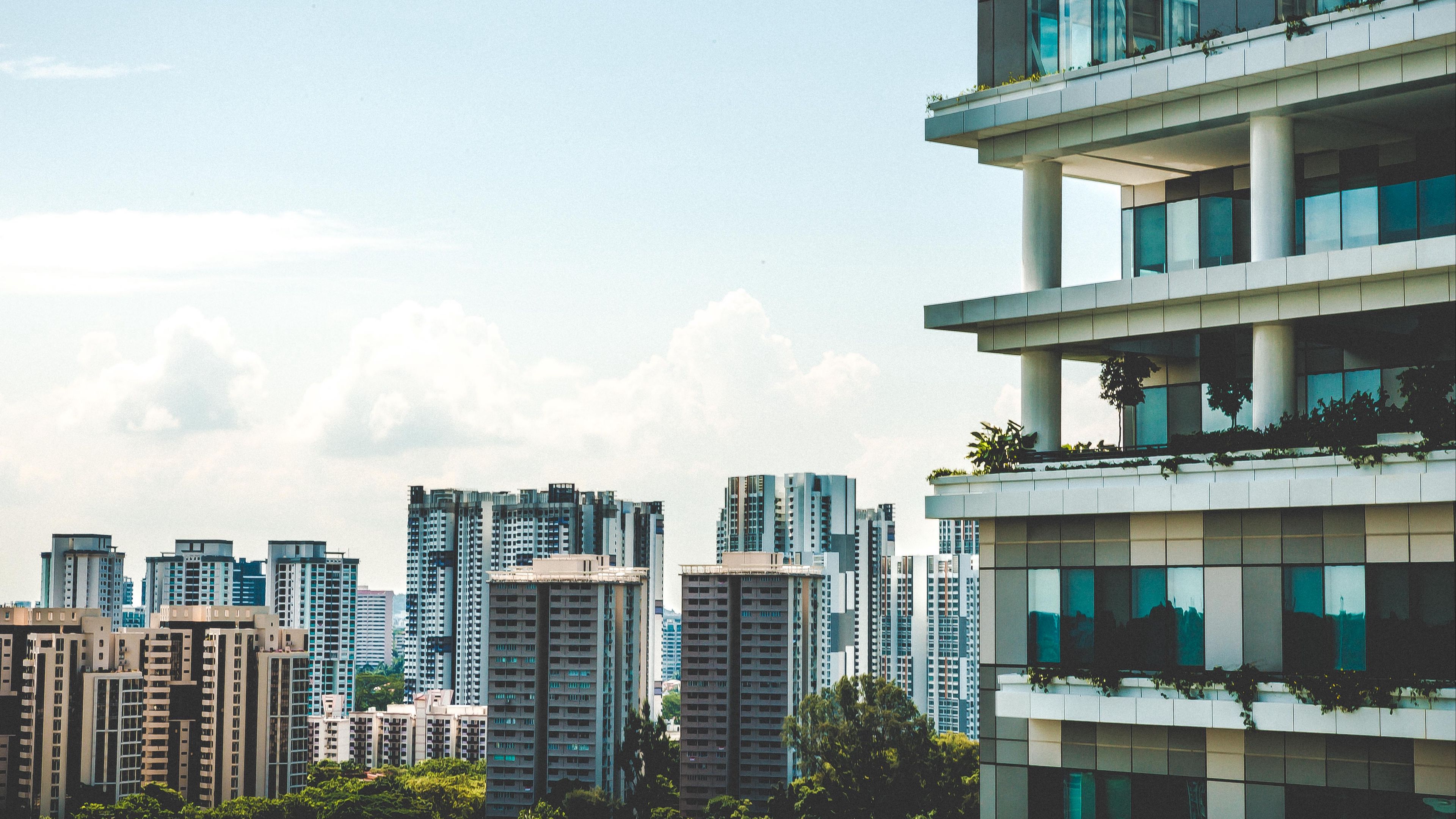 balcony, facade, skyscrapers, glass, 4k, HD Wallpaper