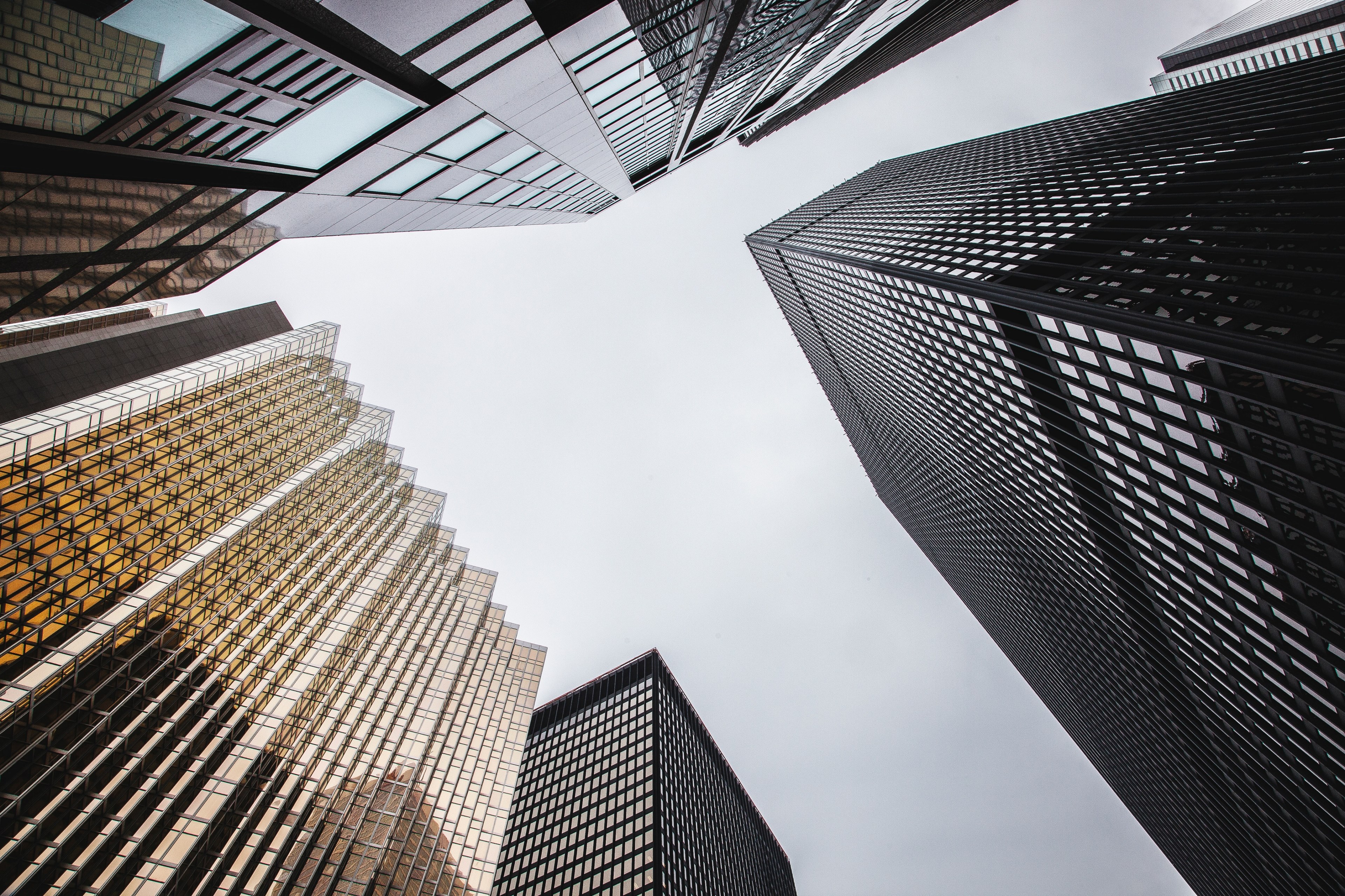 a low angle shot of several distinct skyscraper facades in toronto, modern skyscraper facades 4k, HD Wallpaper