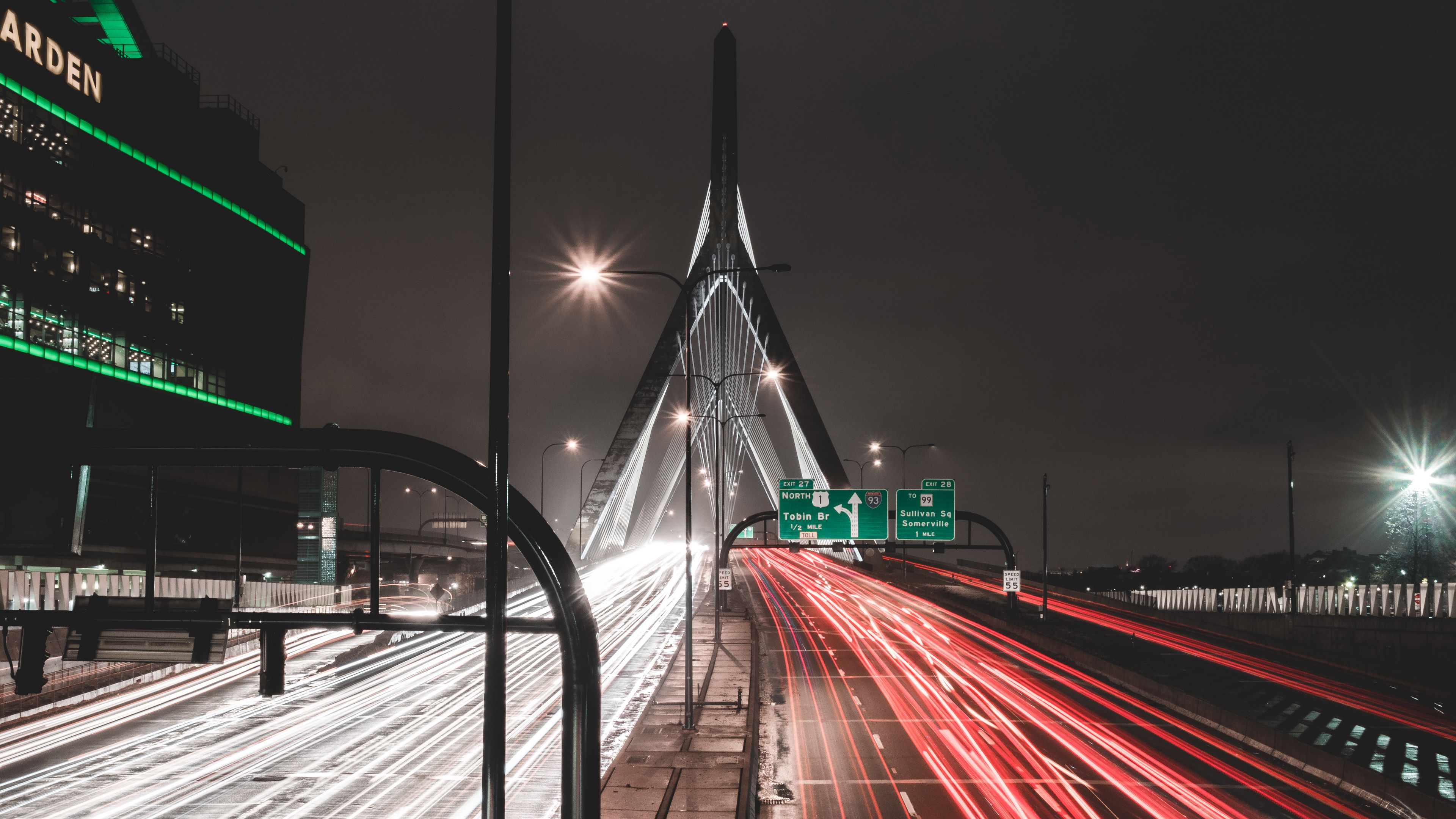 road, route, bridge, marking, night, 4k, HD Wallpaper