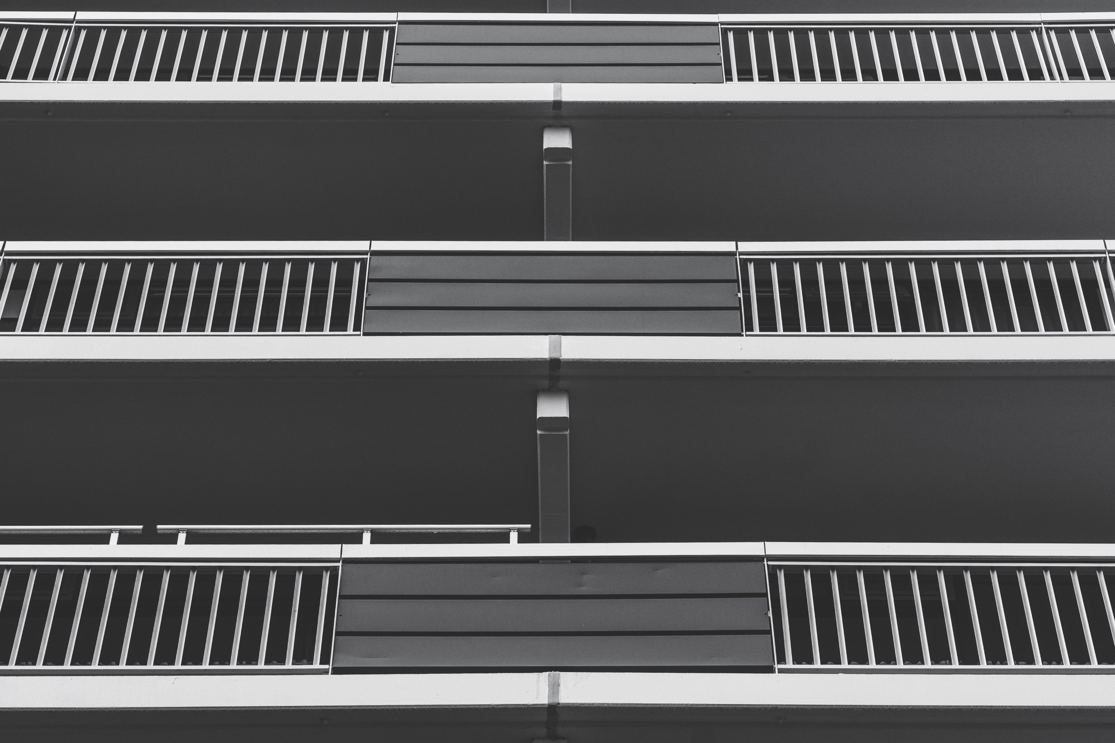 black and white shot of apartment building balconies from below, monochrome flat balconies 4k, HD Wallpaper
