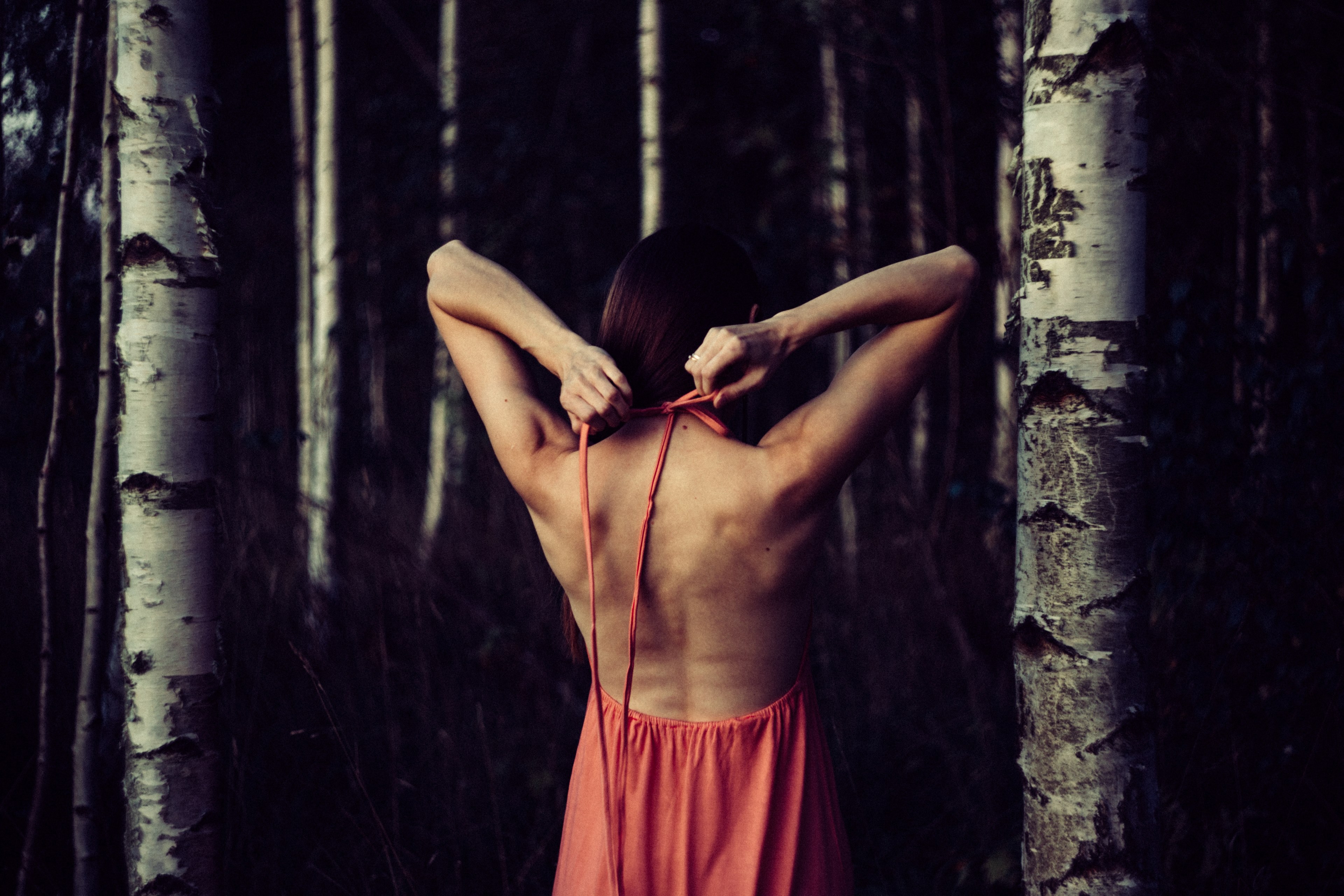 a girl stretching with her arms behind her back inside a forest, _stretching in forest 4k, HD Wallpaper