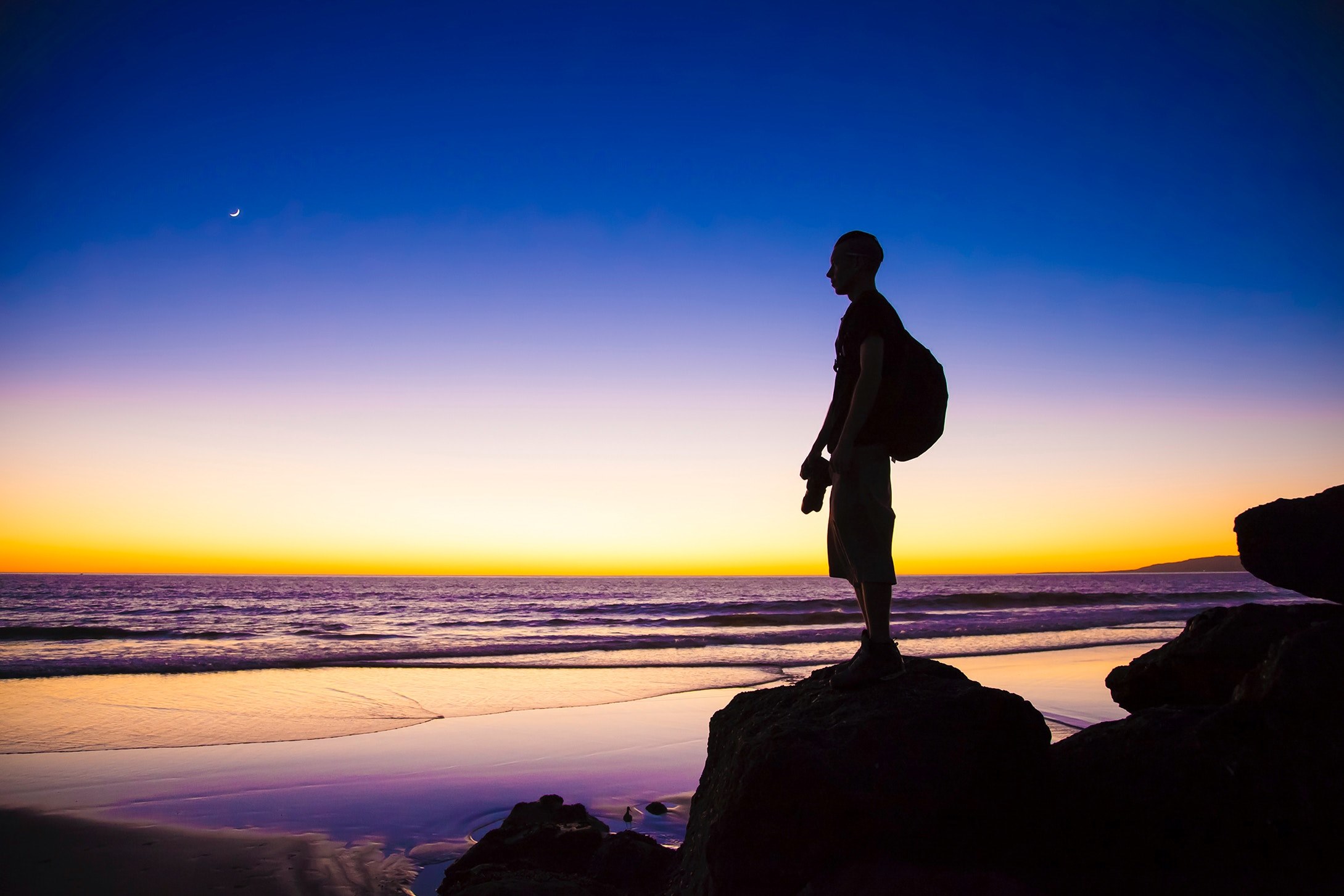 silhouette standing on the rock after the sunset at venice beach, silhouette standing on rock 4k, HD Wallpaper