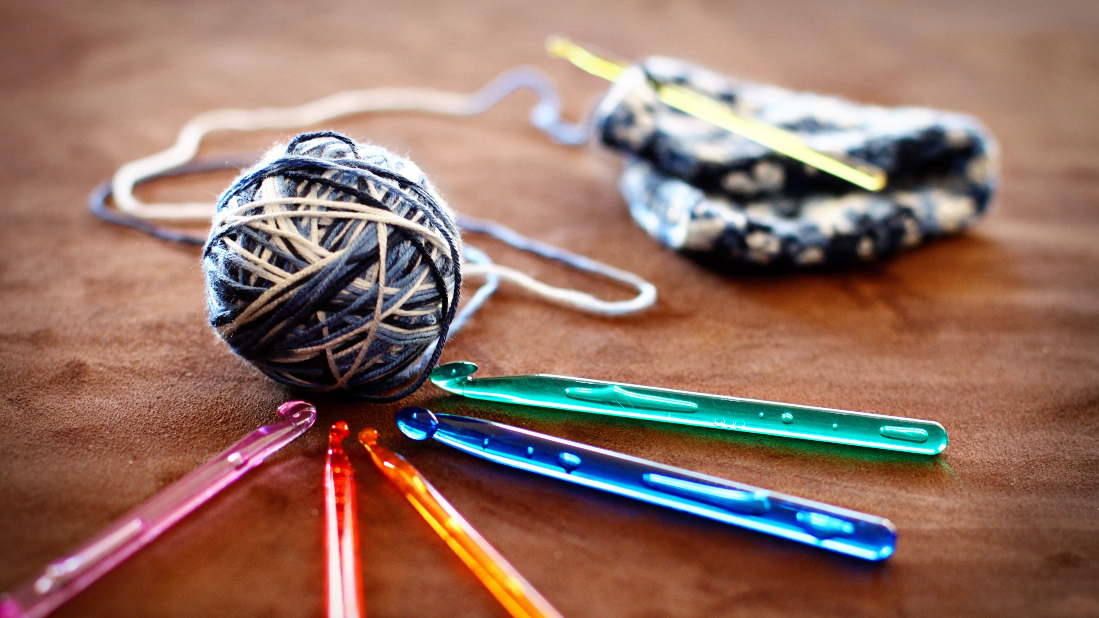 knitting, hooks, threads, hobbies, 4k, HD Wallpaper