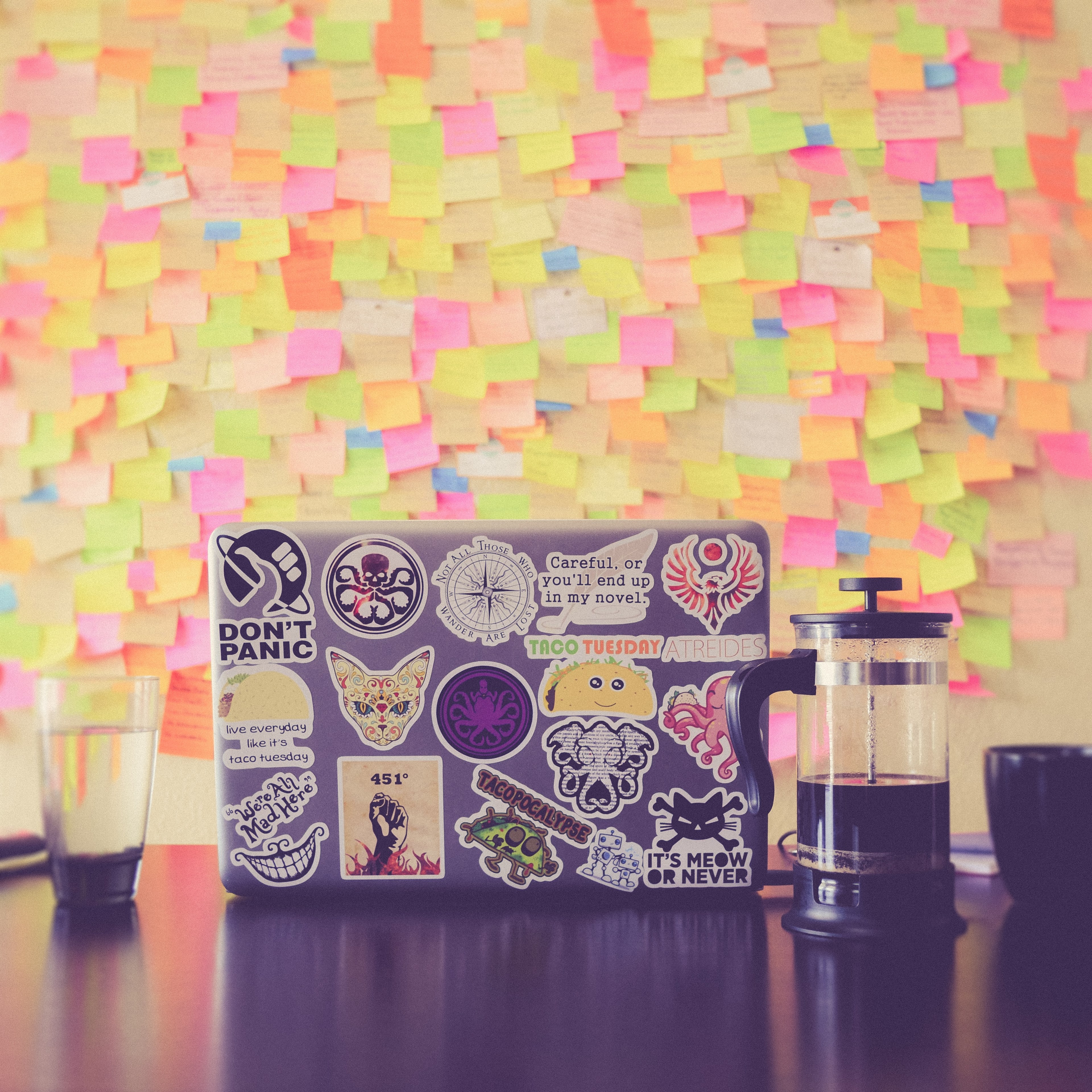 mood coffee sticker and laptop 4k, HD Wallpaper