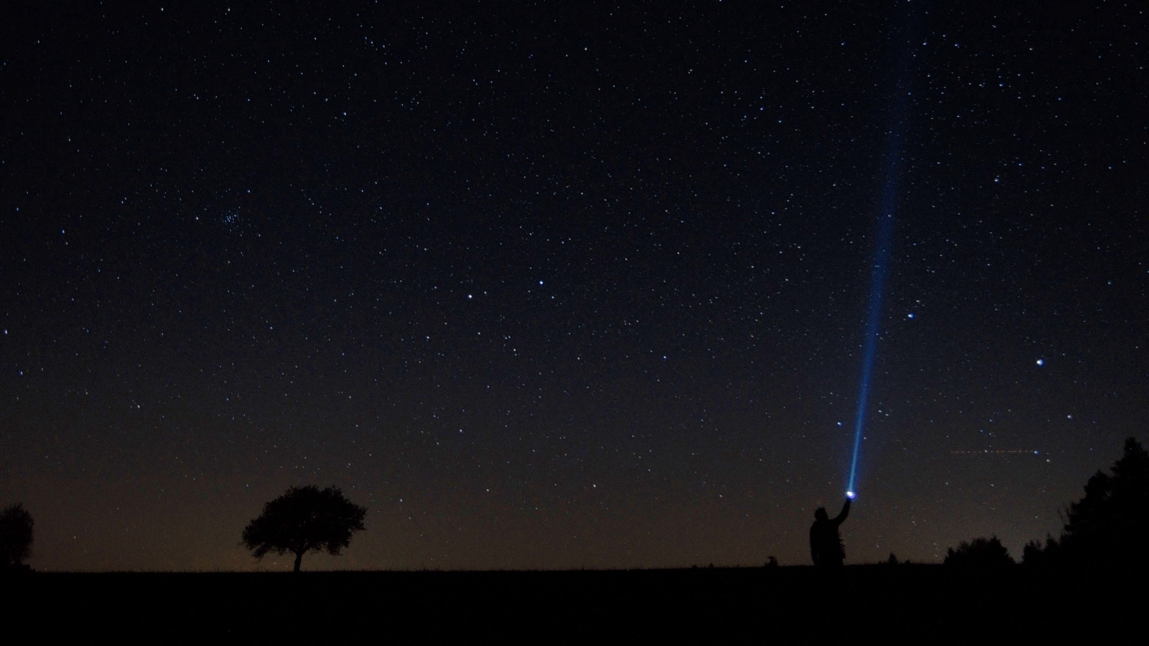 starry sky, man, lantern, night, 4k, HD Wallpaper