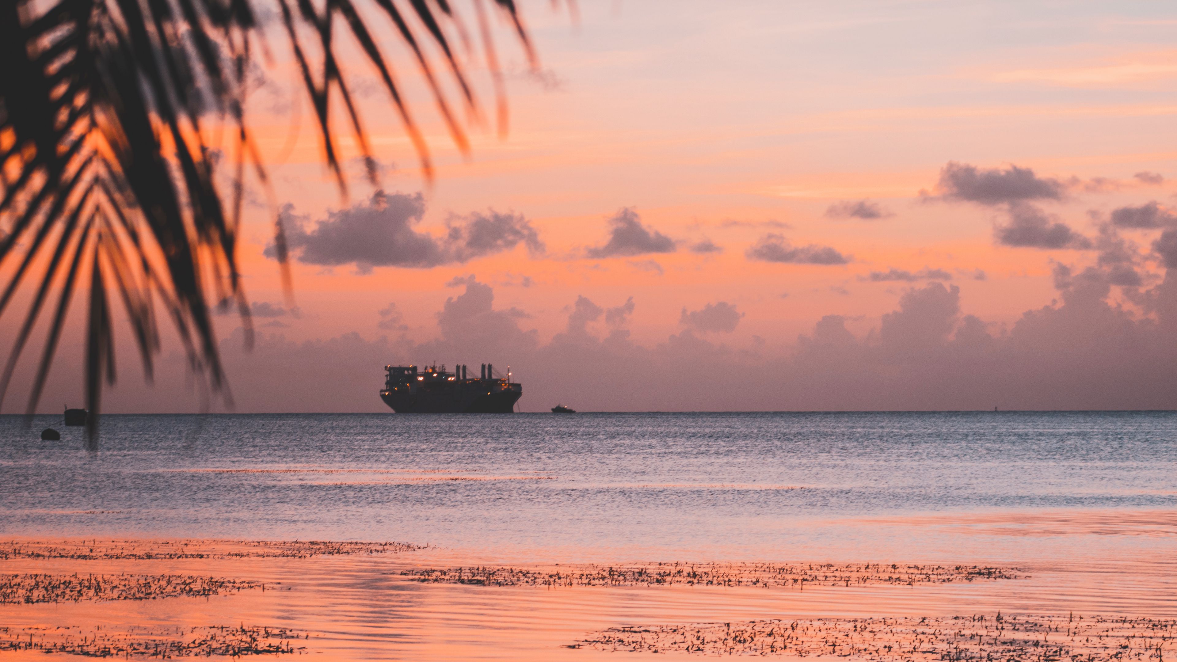ship, sea, sunset, shore, 4k, HD Wallpaper