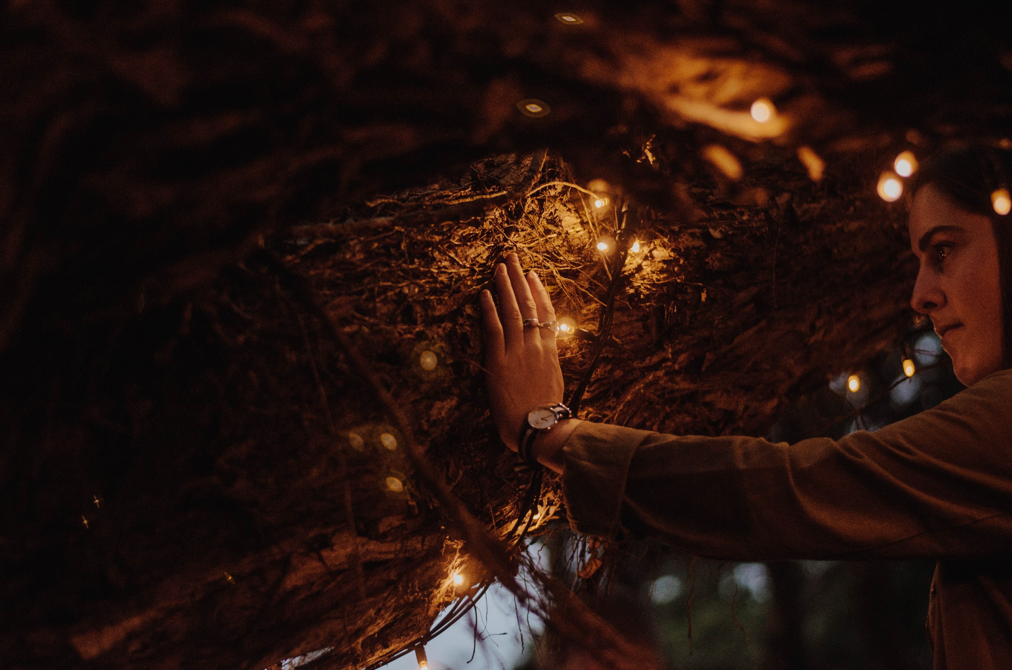 woman wearing watch with hand against tree and christmas lights around tree and her head, woman watch against tree 4k, HD Wallpaper