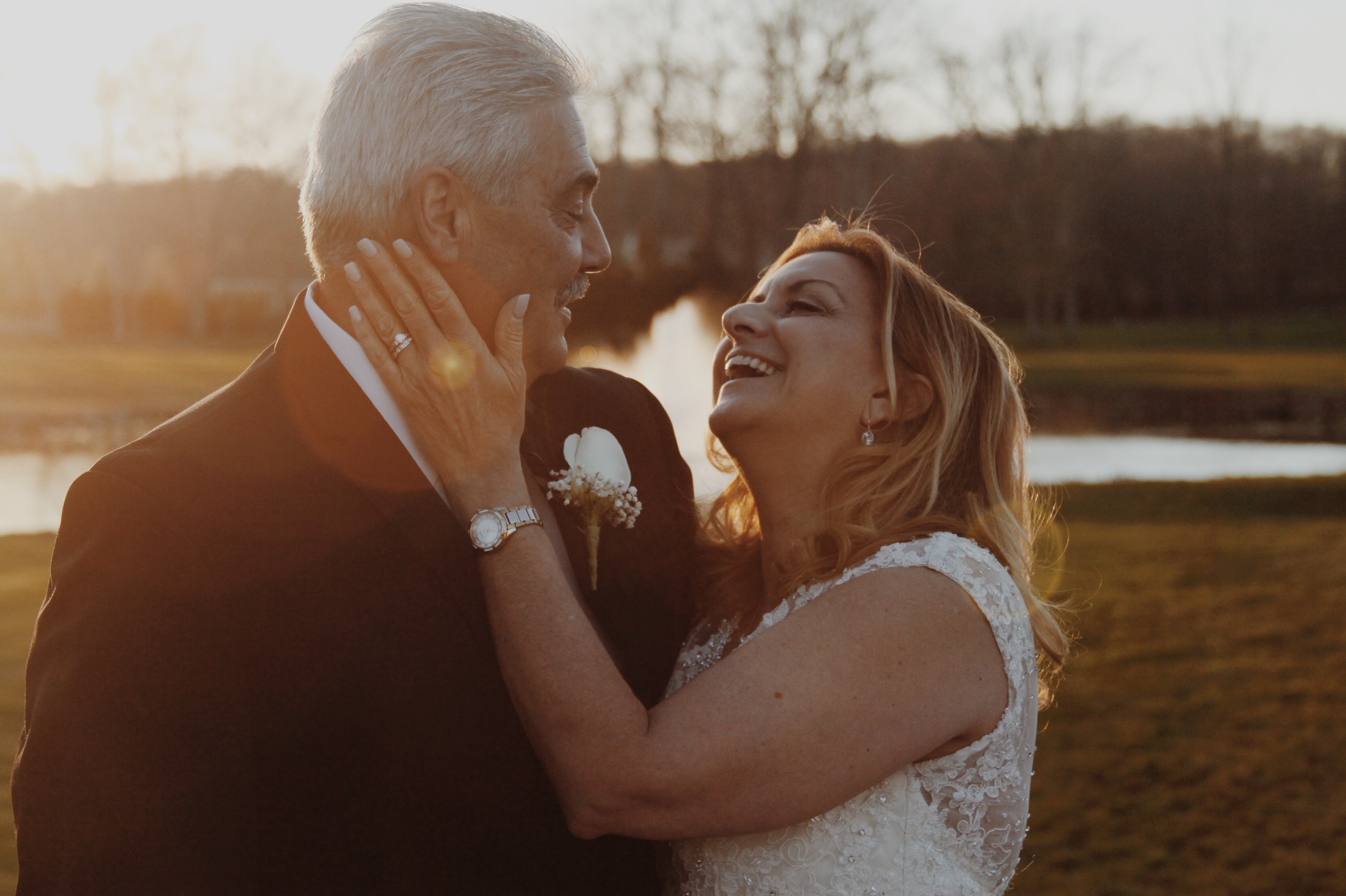 older couple just married and laughing with lake in background, i love you all over again 4k, HD Wallpaper