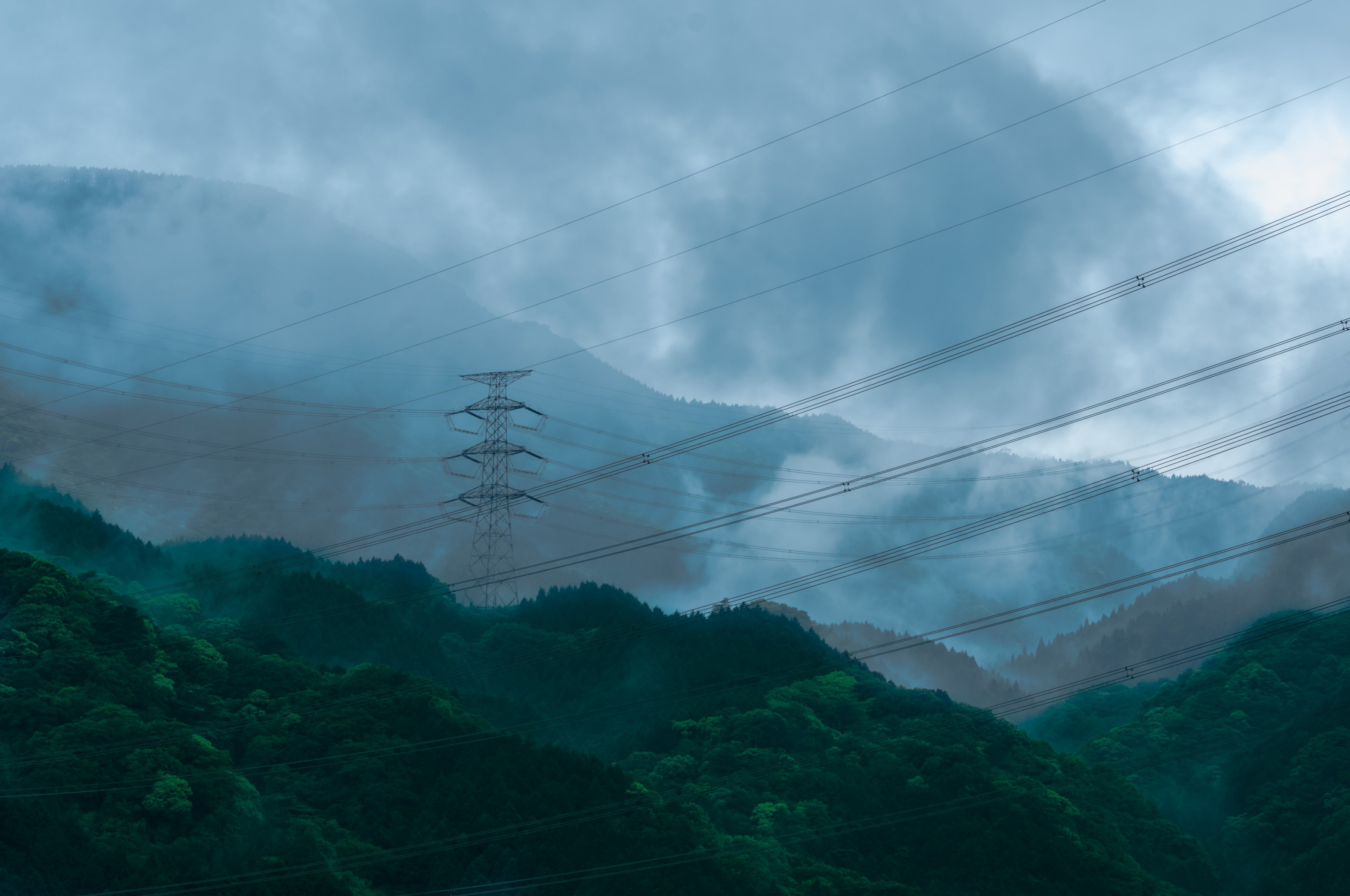 a number of power lines between transmission towers on wooded hills, power lines 4k, HD Wallpaper
