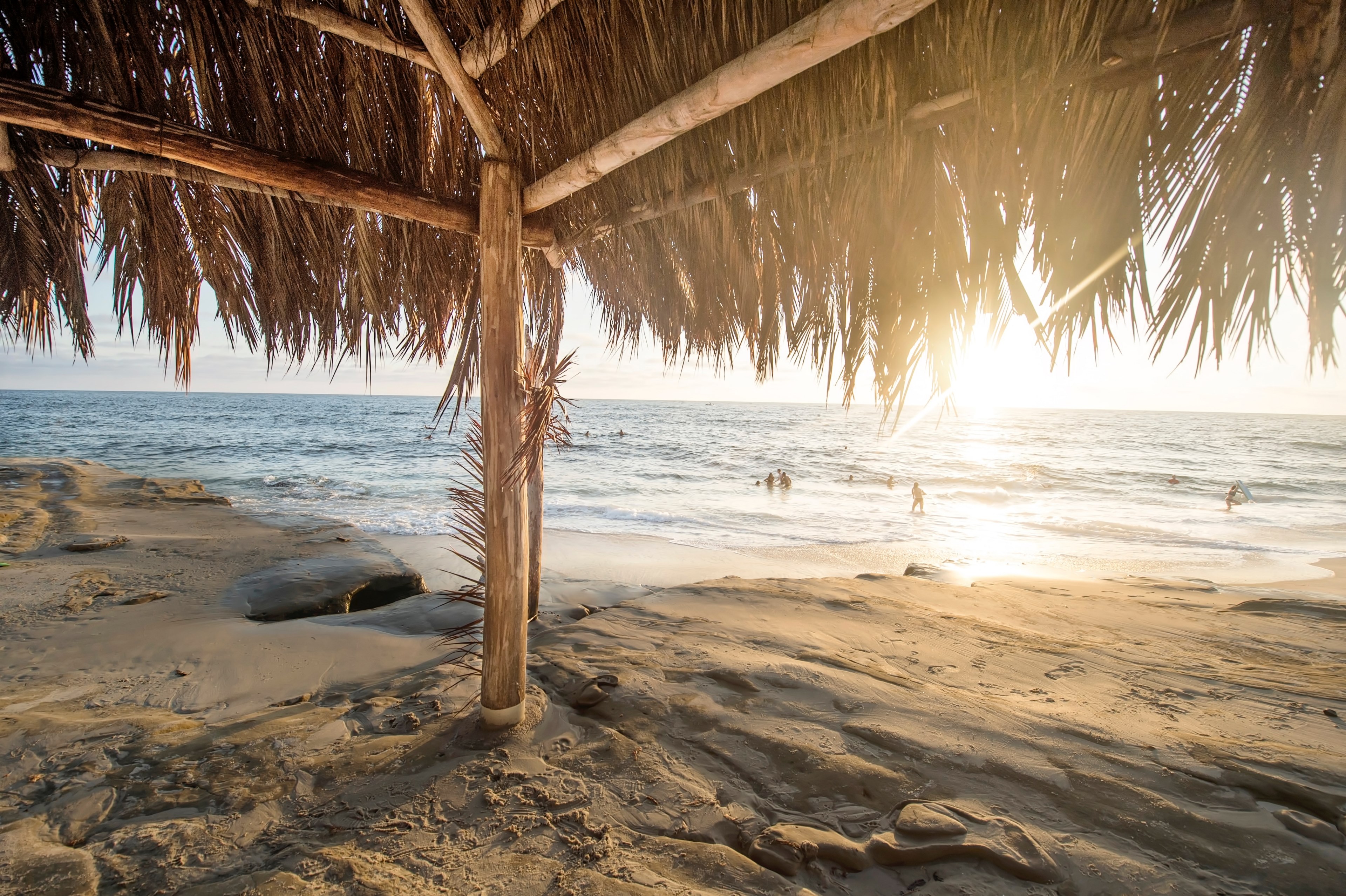 a hot from underneath a palm umbrella on san diego beach of people playing in the distant sea, surf shack 4k, HD Wallpaper