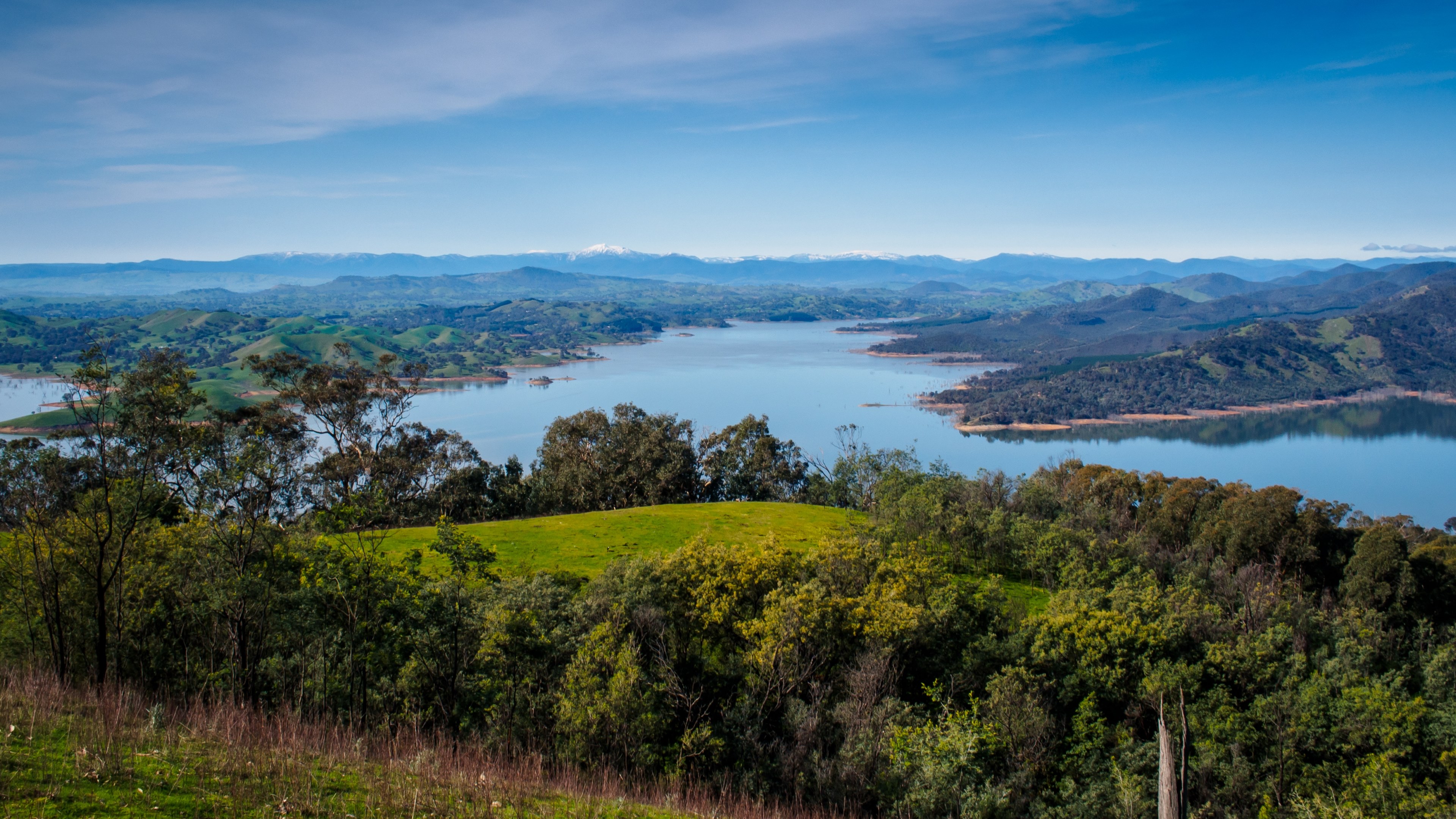a picturesque landscape with a lake surrounded by wooded hills, hills near lake eildon 4k, HD Wallpaper