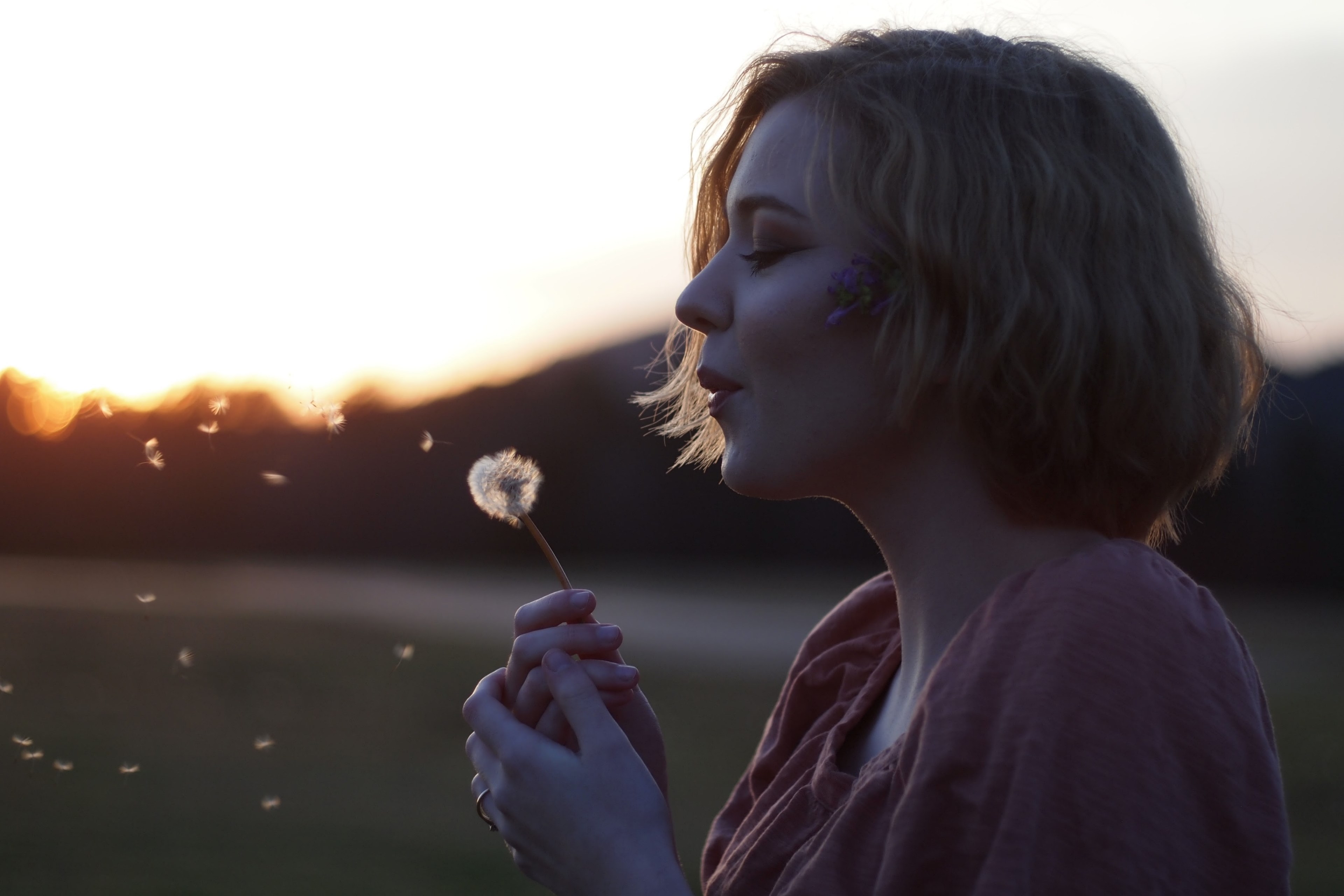 woman blows dandelion seeds and makes a wish, wishing on the sunrise 4k, HD Wallpaper
