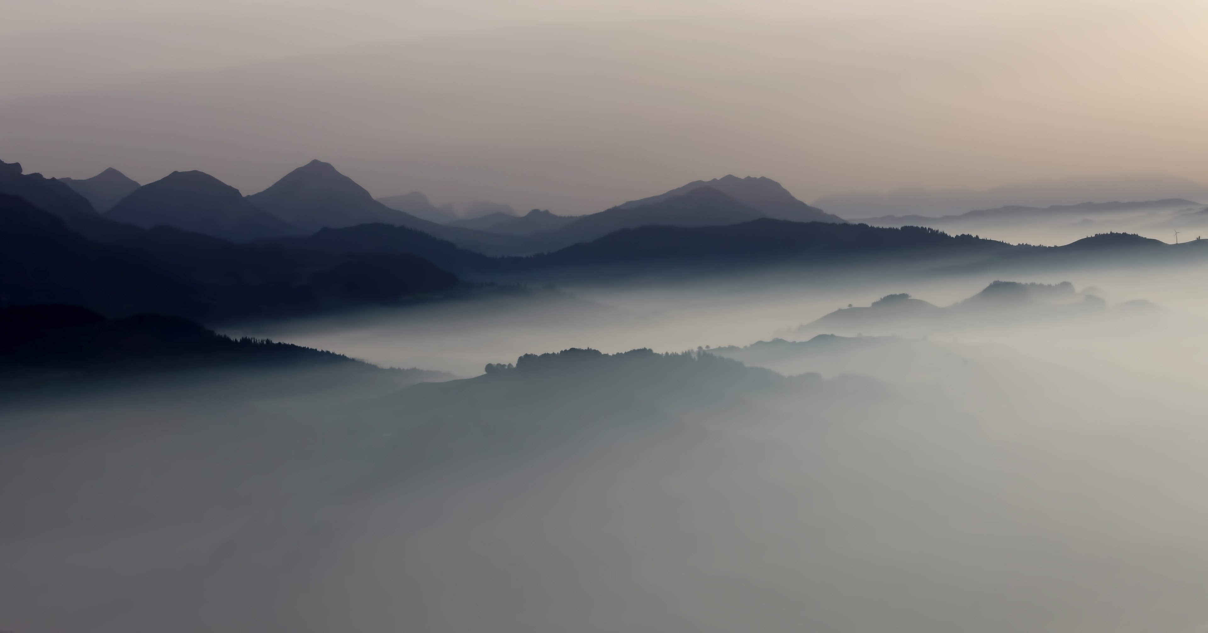 dark silhouettes of mountain peaks emerge from the mist in lucerne, balloon view 4k, HD Wallpaper