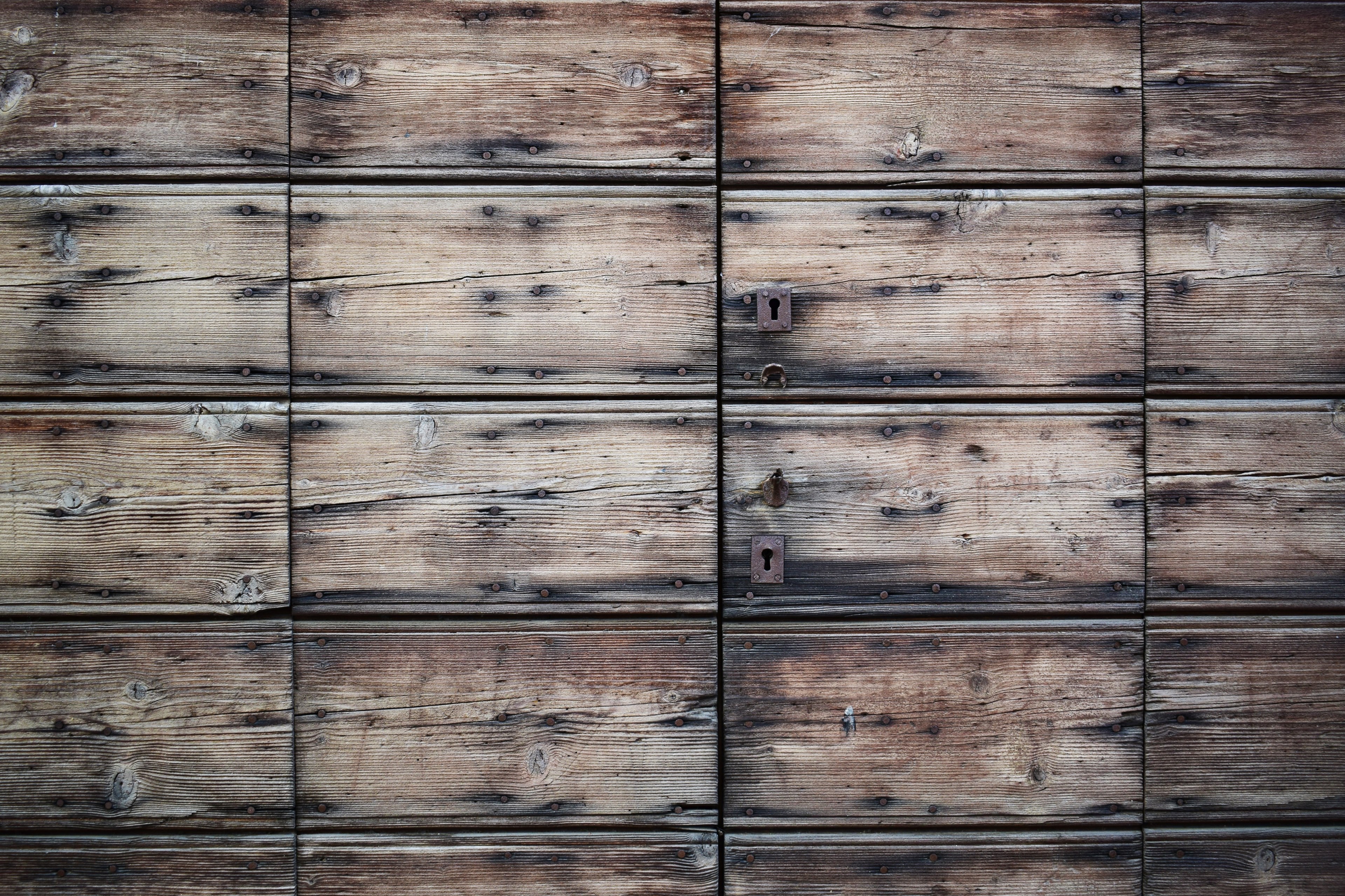 two locks on a wood paneled aged door in vigevano, hidden door 4k, HD Wallpaper