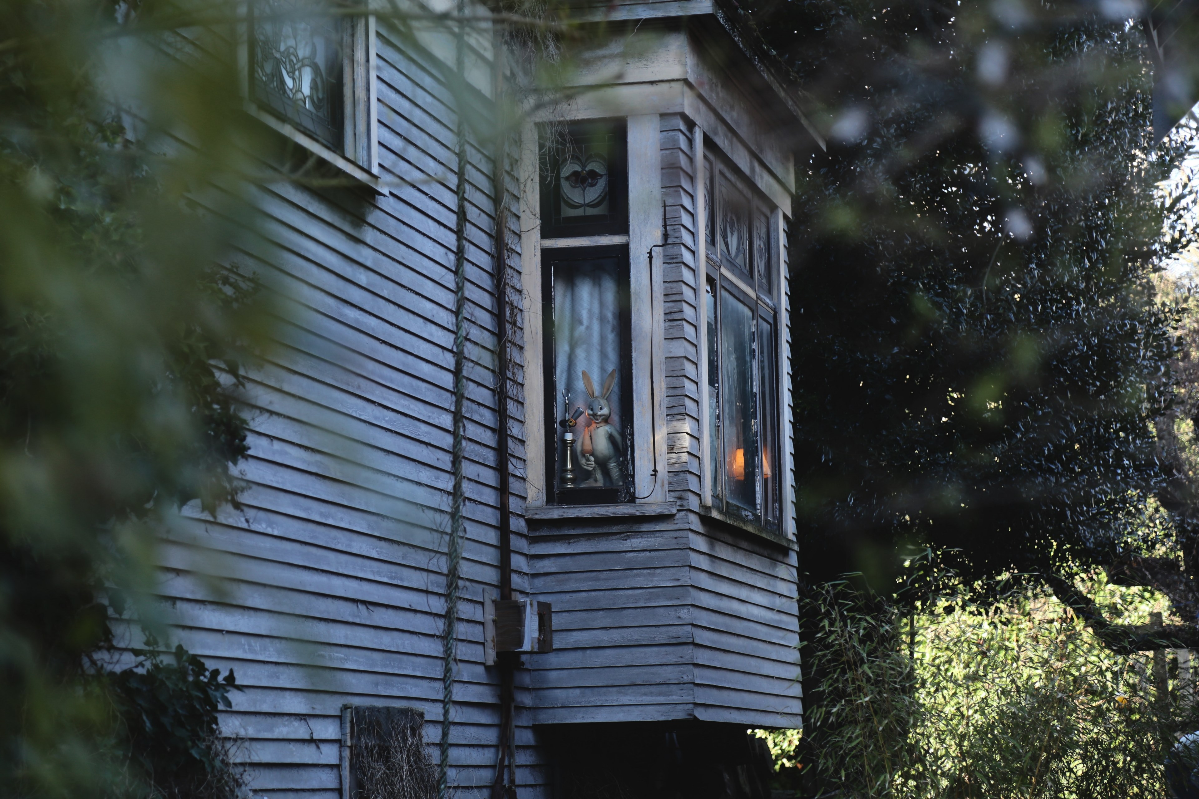 an old wooden house with a large rabbit figurine in the window, eerie rustic window 4k, HD Wallpaper