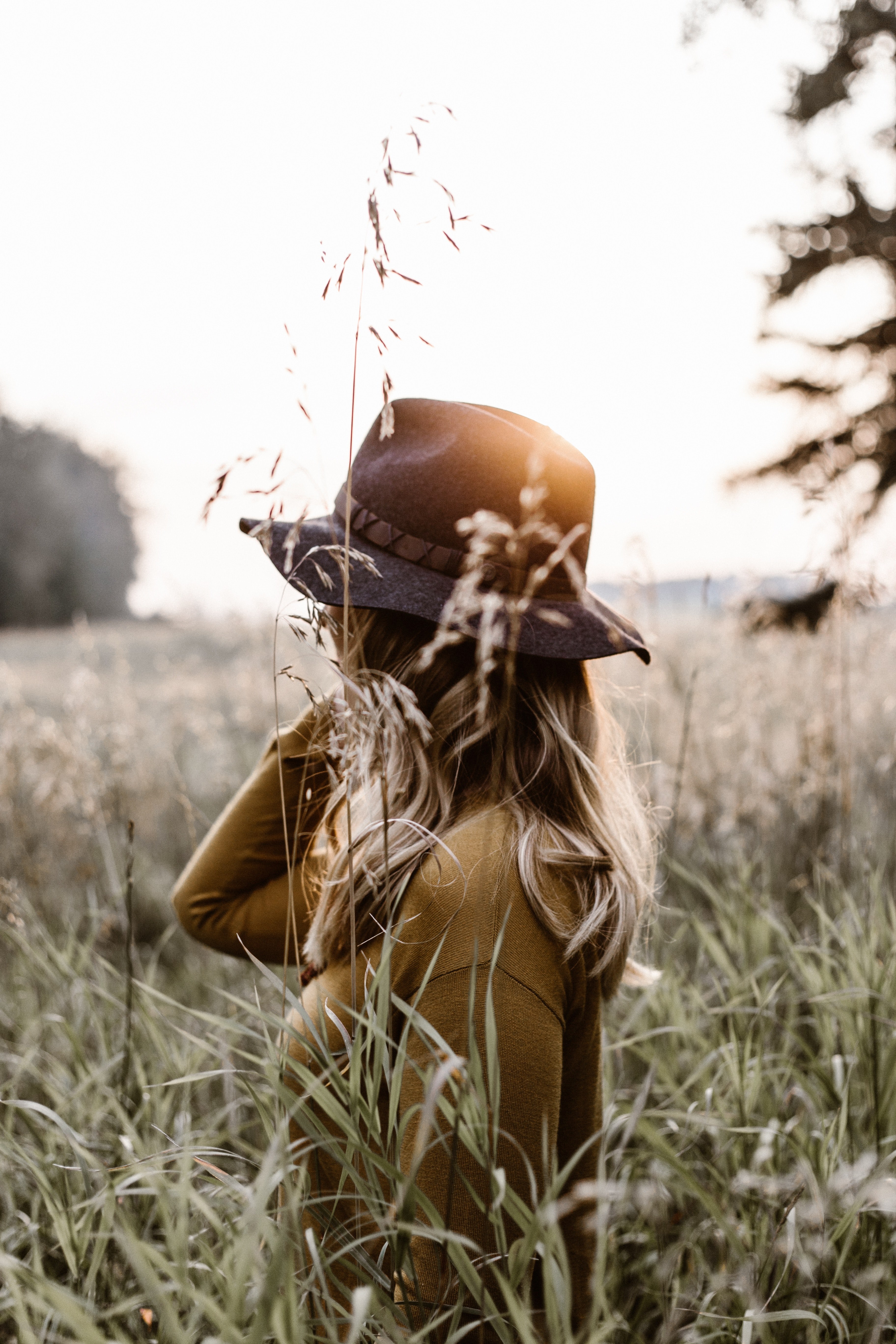 a hat wearing woman in a tall field, _woman tall field 4k, Phone HD Wallpaper