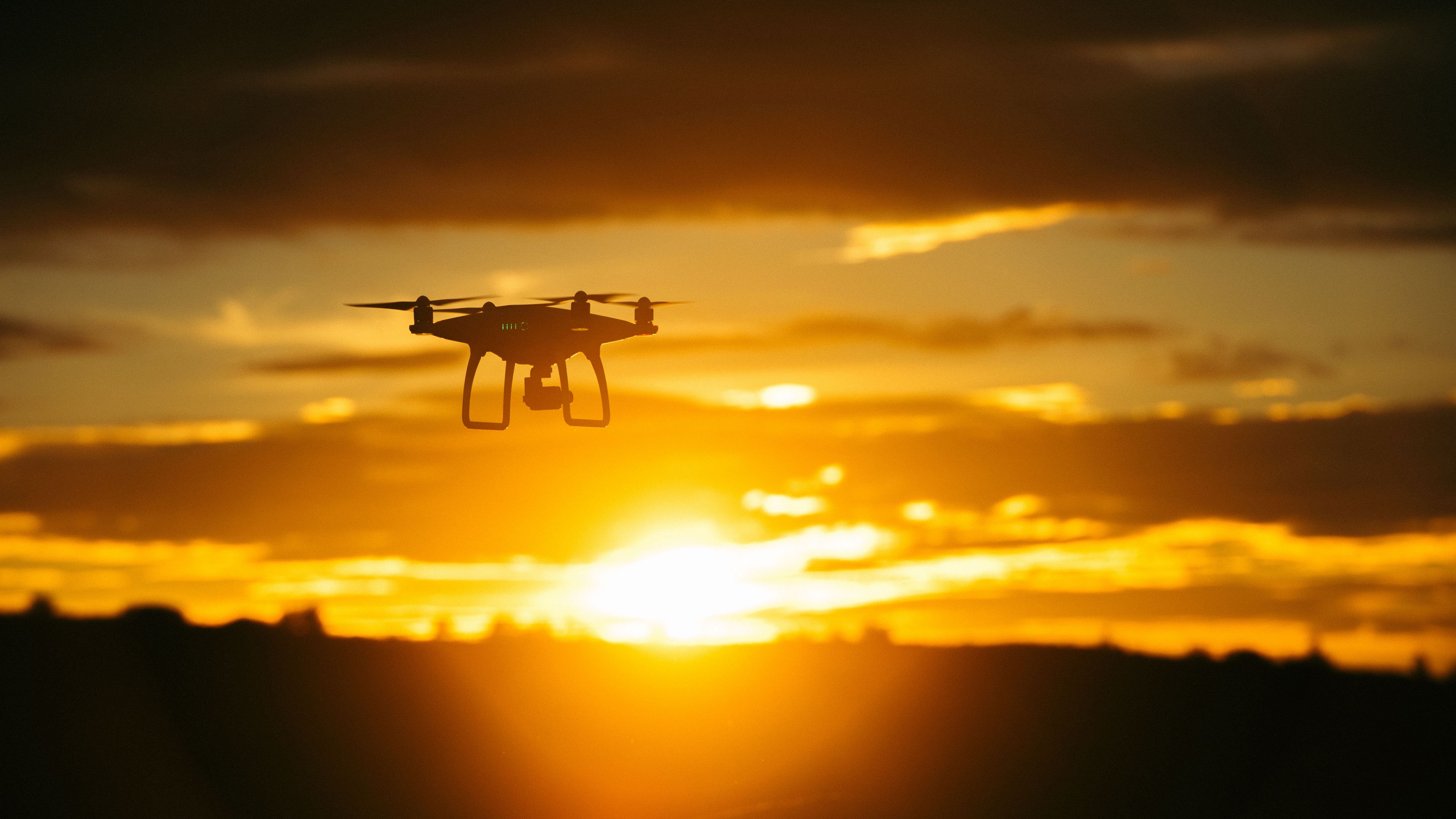 quadrocopter, sunset, sky, flight, drone, 4k, HD Wallpaper