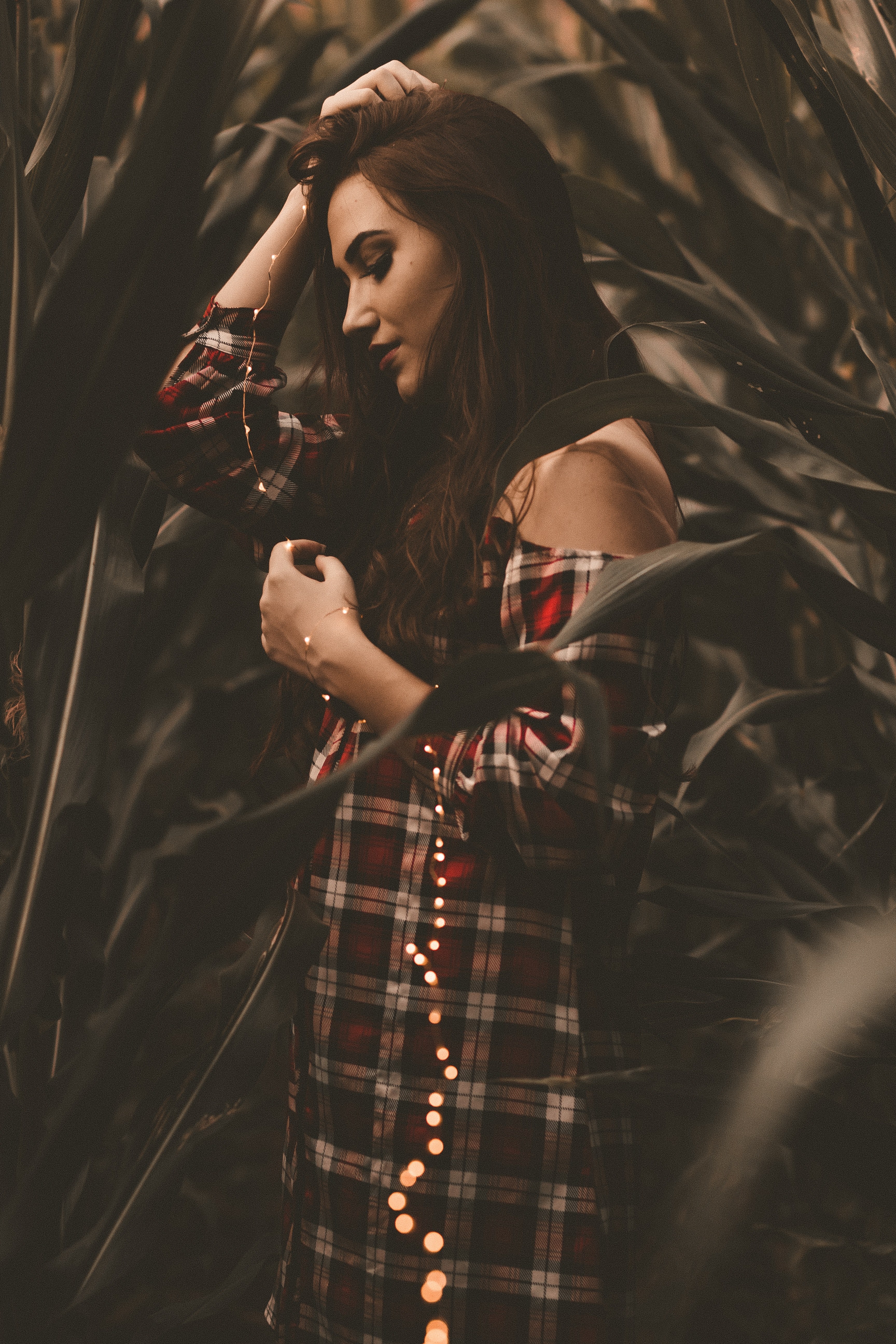 a woman in a plaid off the shoulder dress holds a string of lights among tall plants, woman holding string of lights 4k, Phone HD Wallpaper