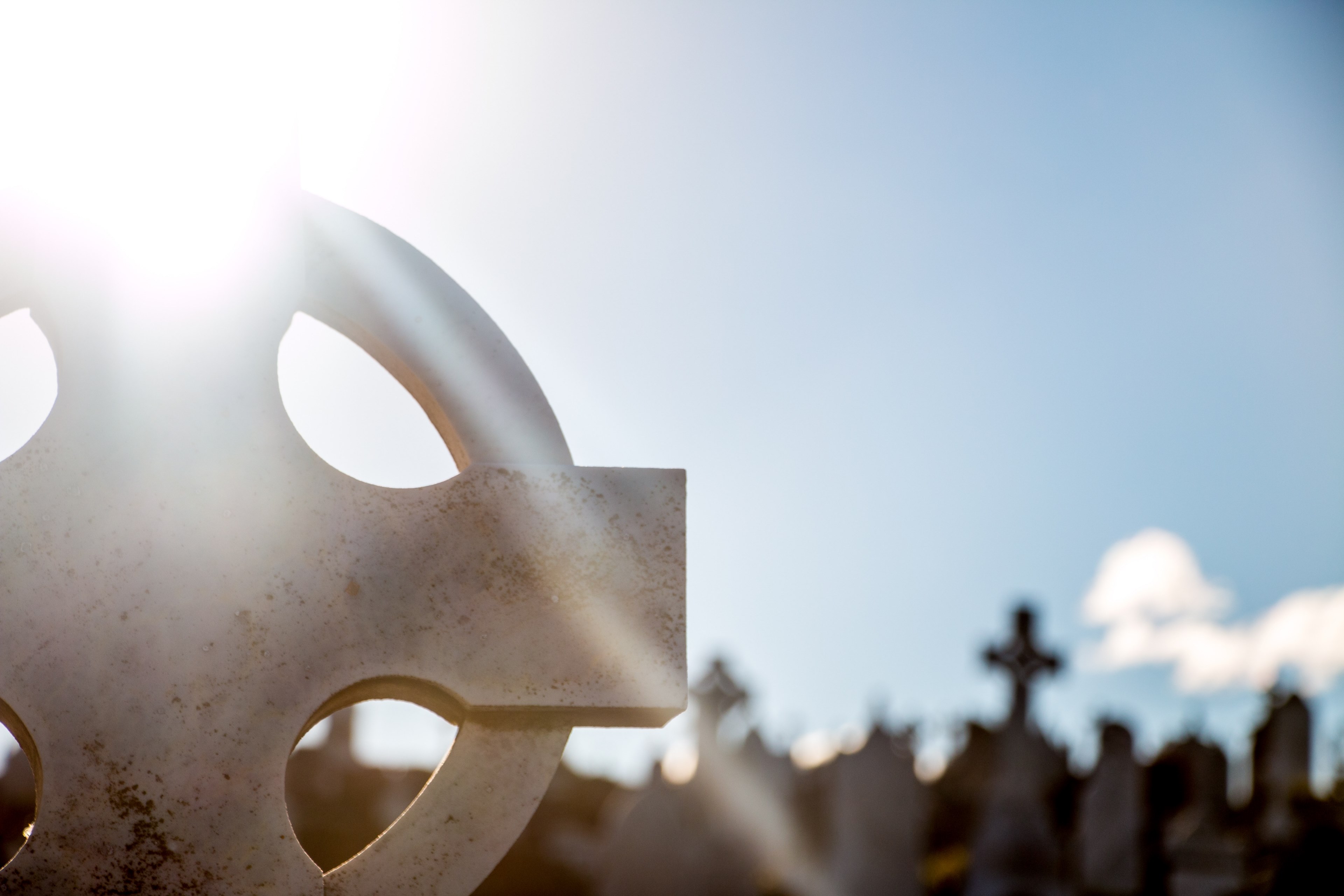 sunbeams shine over a cross tombstone in a graveyard, cemetery during the day 4k, HD Wallpaper