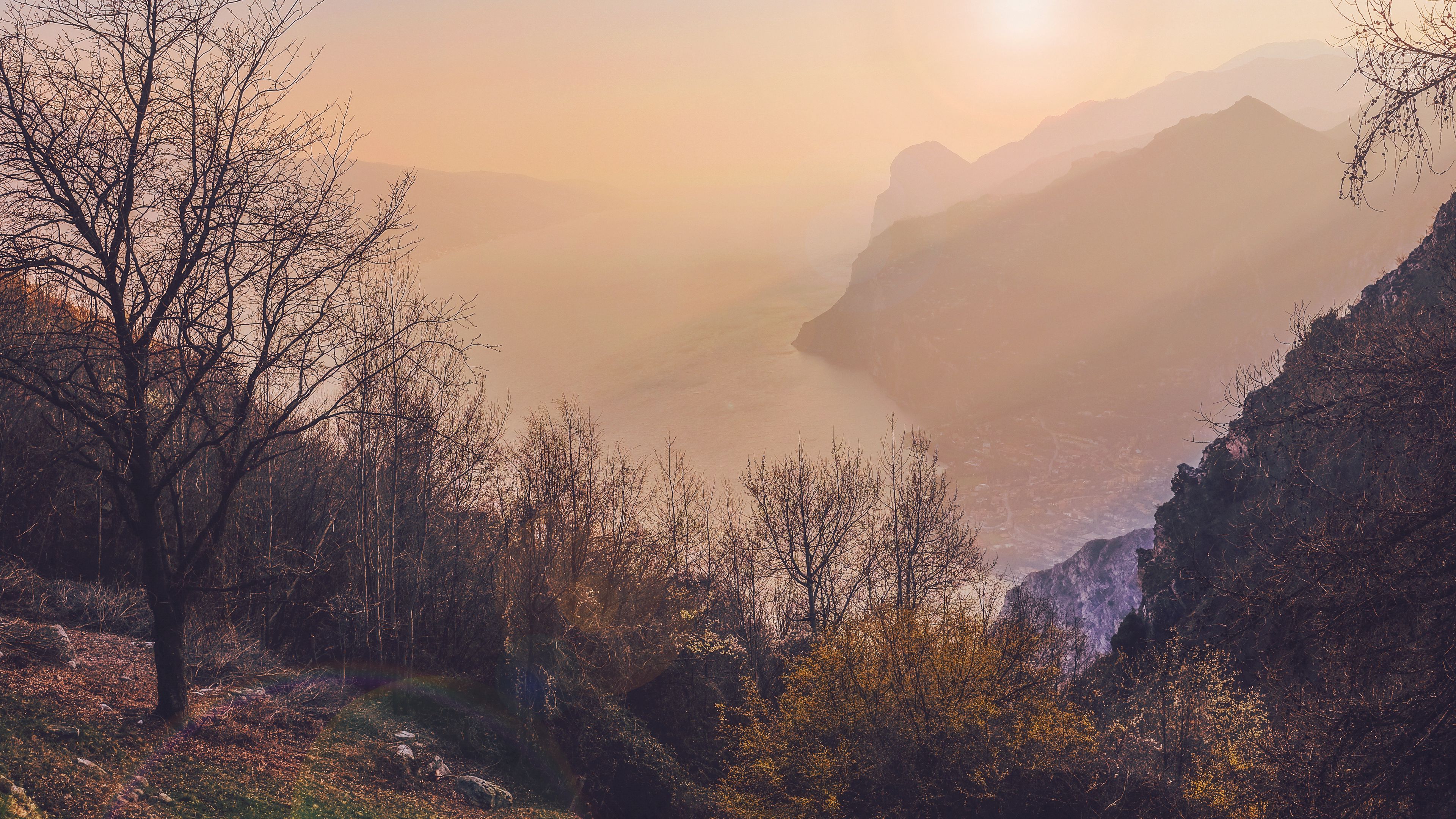 trees, sea, mountains, fog, 4k, HD Wallpaper