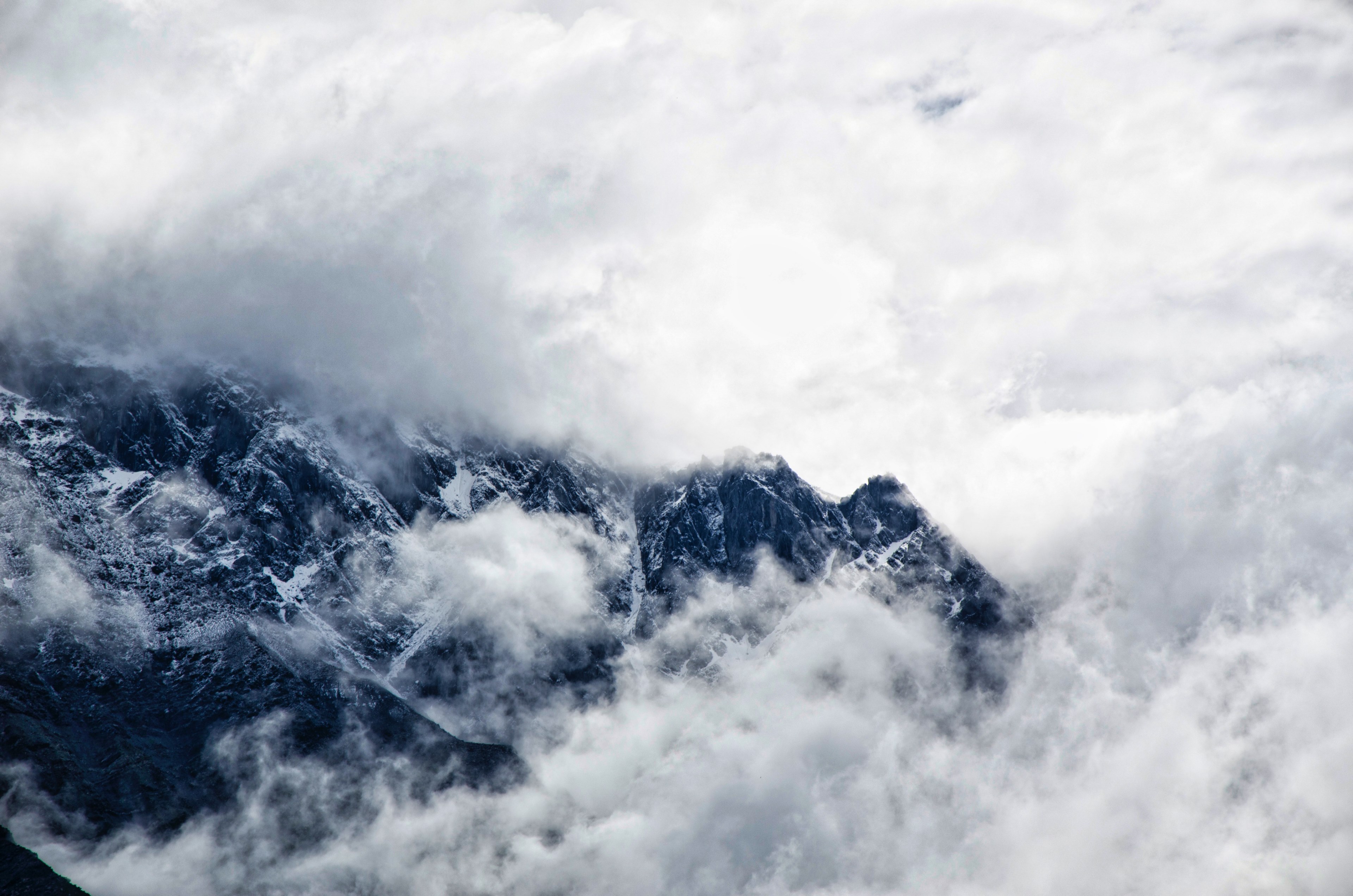 cold clouds cover caucasus mountains on a foggy winter day, clouds over the caucasus mountains 4k, HD Wallpaper