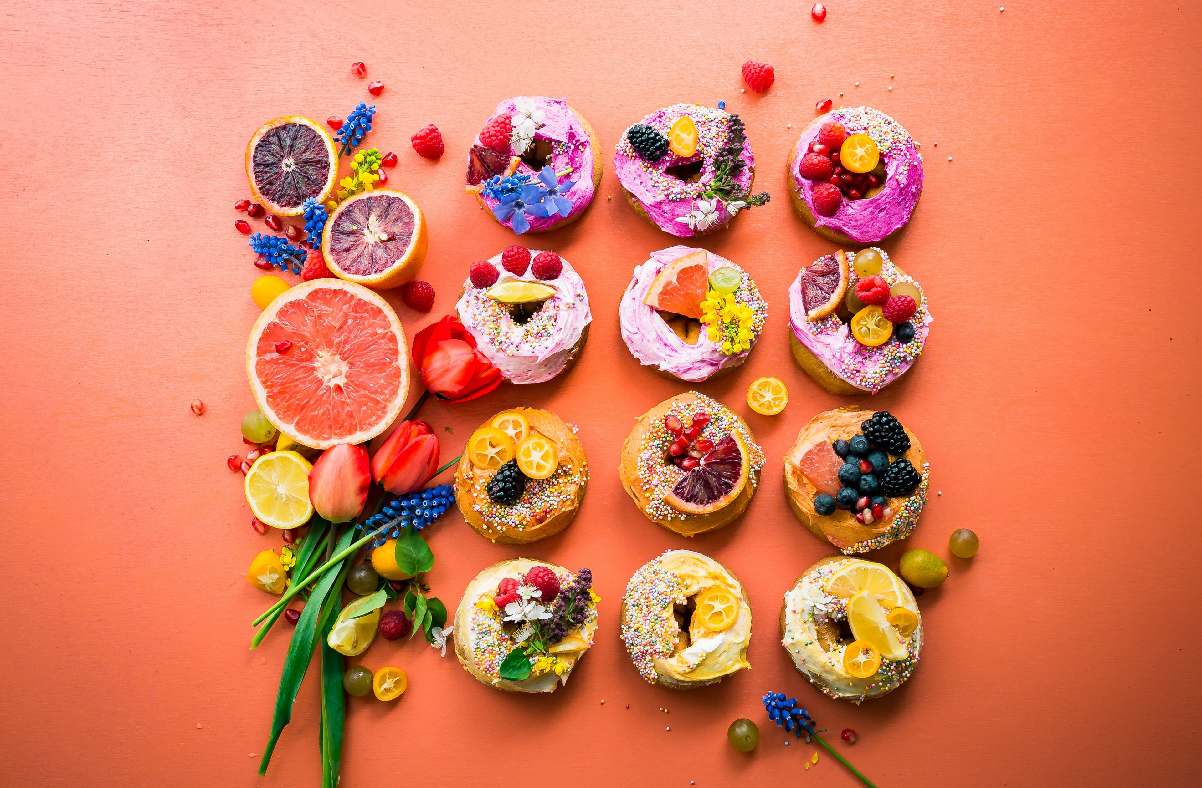 a colorful fruit arrangement, _spring donut party 4k, HD Wallpaper
