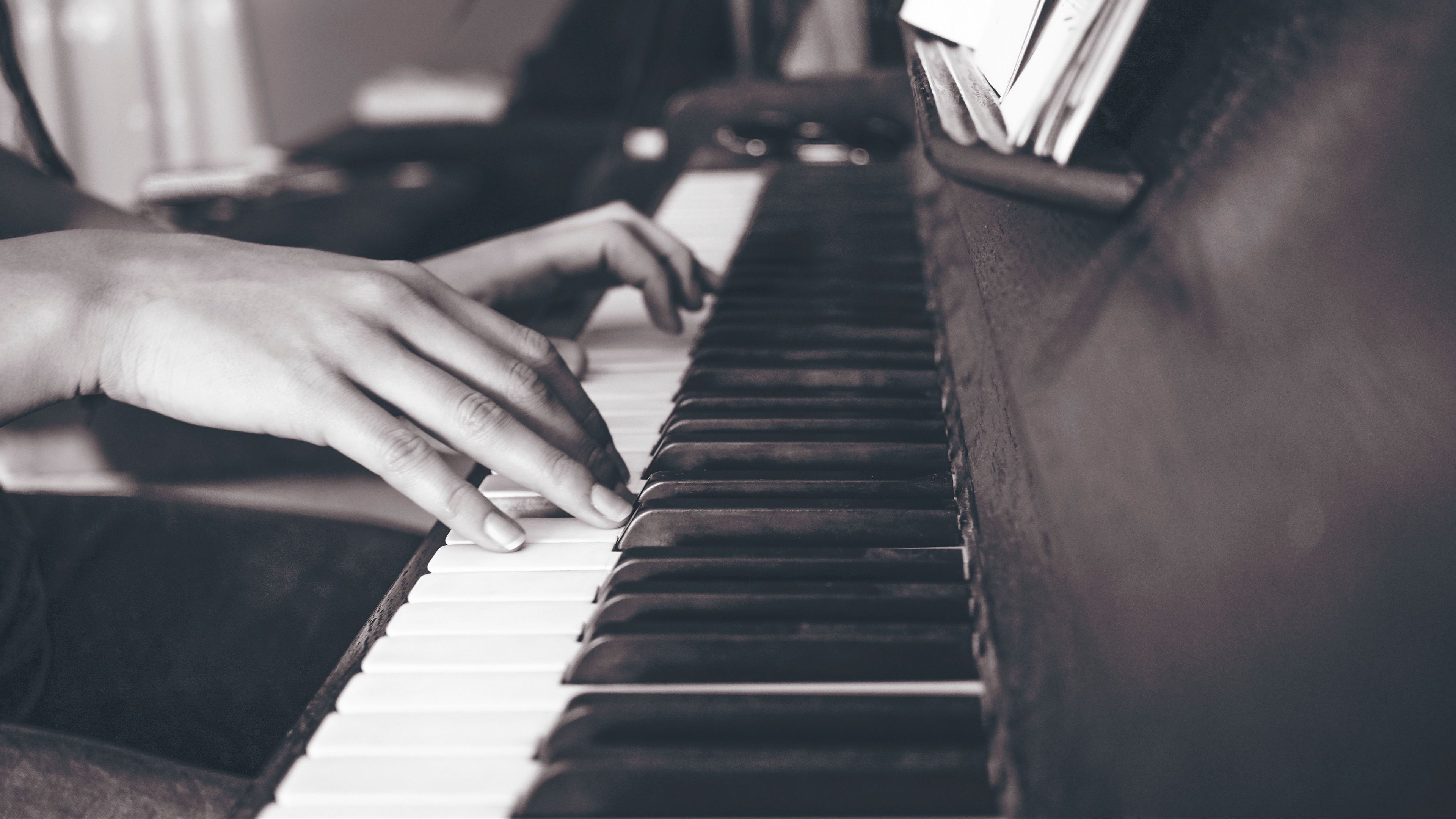 piano, hands, keys, bw, 4k, HD Wallpaper